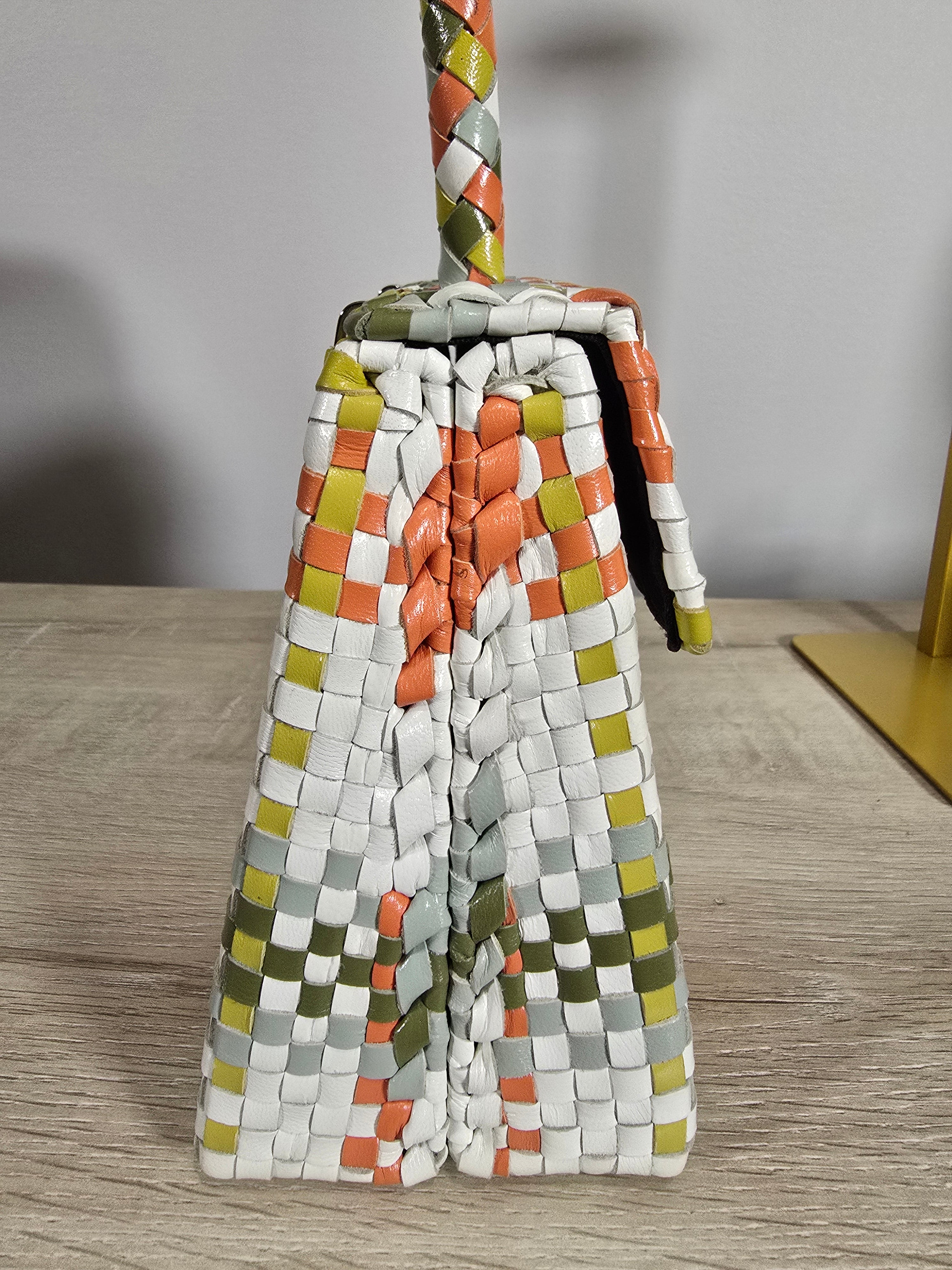 Salvatore Ferragamo Woven Leather Gancini Top Handle Bag Multicolor White Orange Green Silver Hardware