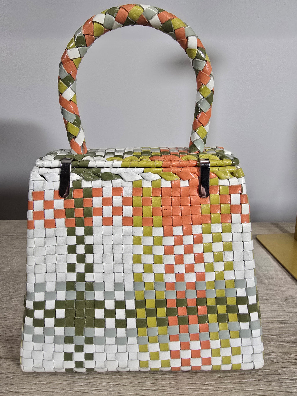 Salvatore Ferragamo Woven Leather Gancini Top Handle Bag Multicolor White Orange Green Silver Hardware