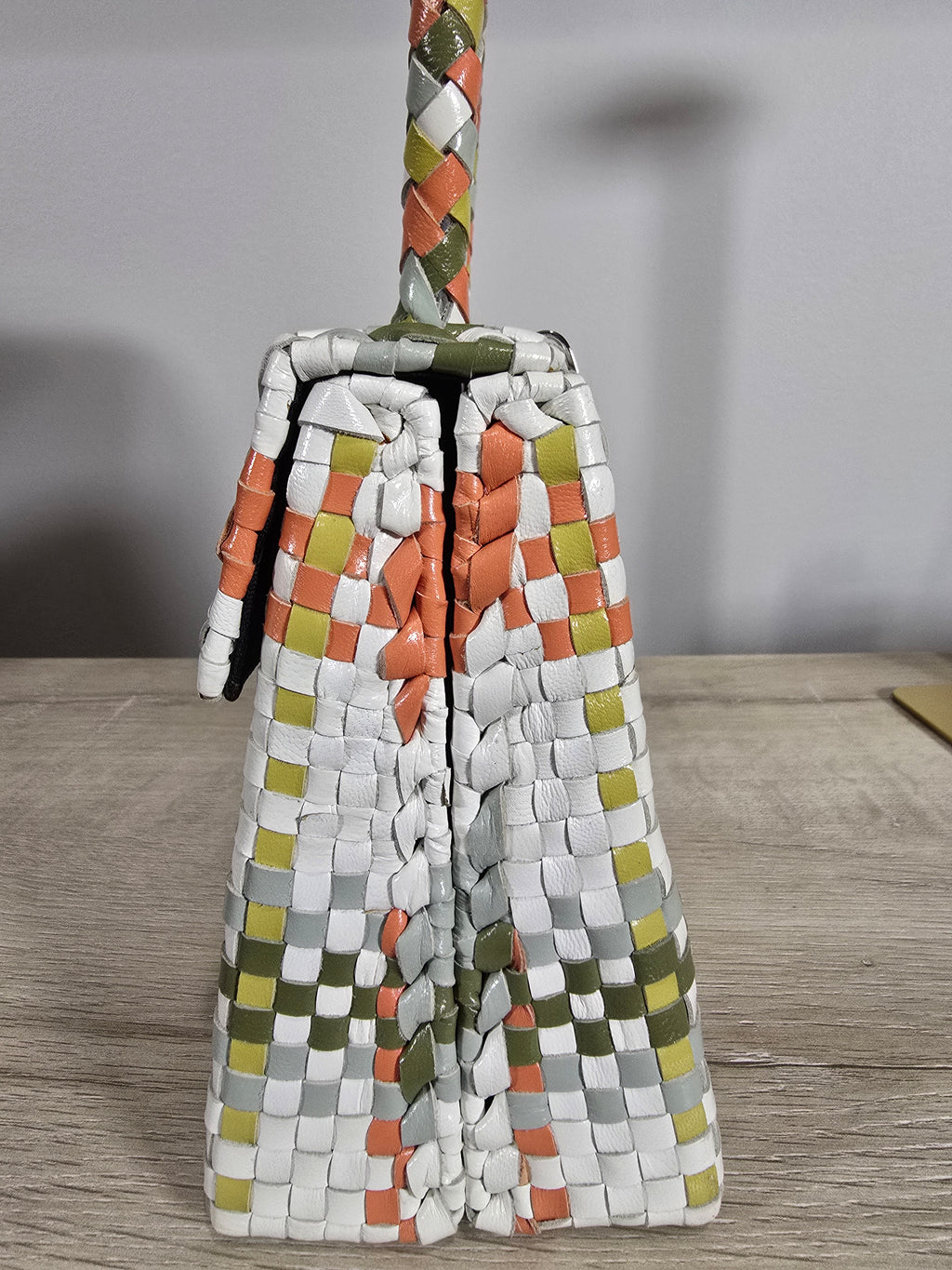 Salvatore Ferragamo Woven Leather Gancini Top Handle Bag Multicolor White Orange Green Silver Hardware