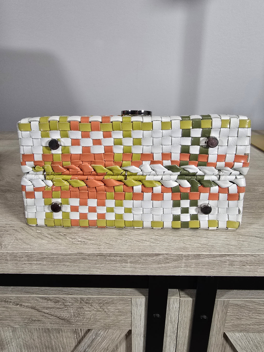 Salvatore Ferragamo Woven Leather Gancini Top Handle Bag Multicolor White Orange Green Silver Hardware