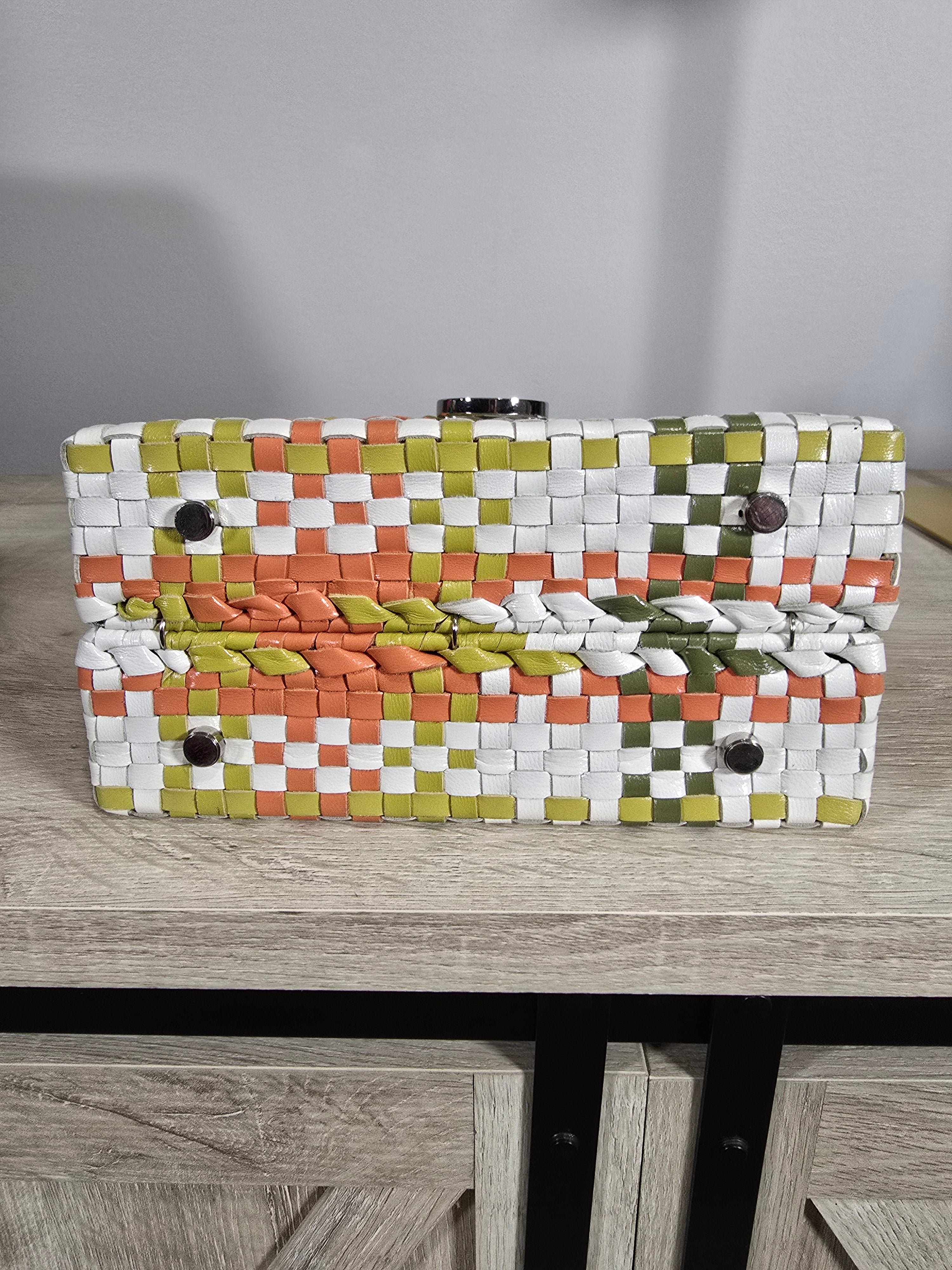 Salvatore Ferragamo Woven Leather Gancini Top Handle Bag Multicolor White Orange Green Silver Hardware
