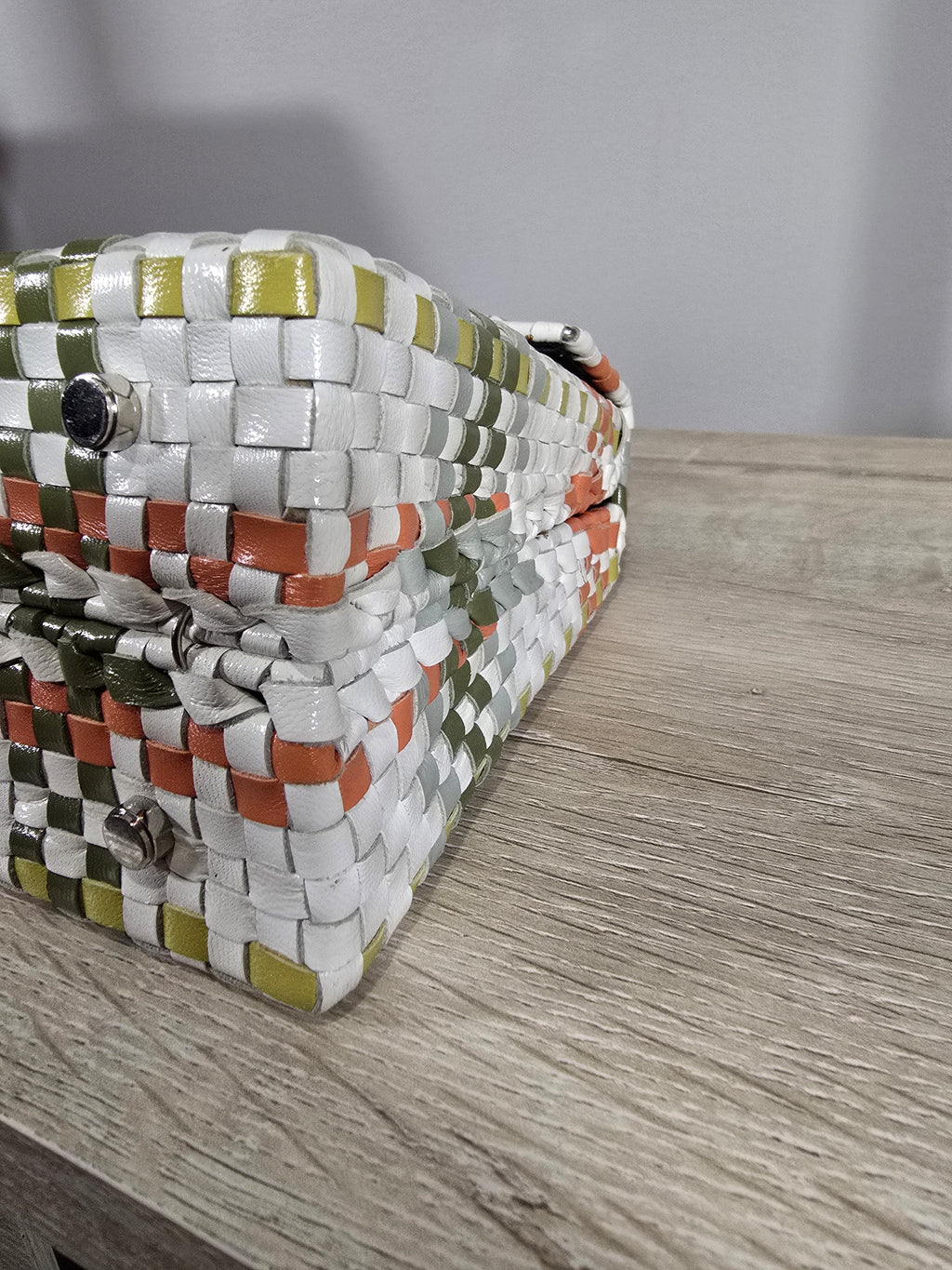 Salvatore Ferragamo Woven Leather Gancini Top Handle Bag Multicolor White Orange Green Silver Hardware