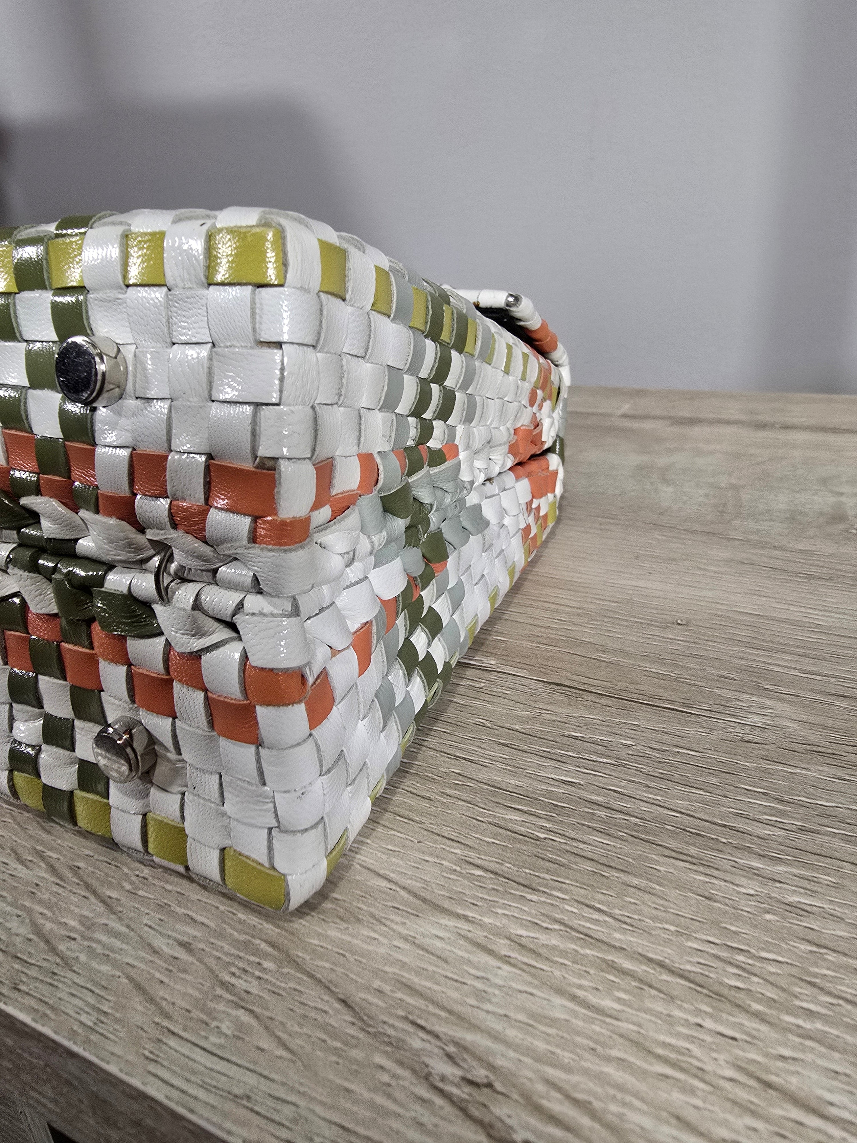 Salvatore Ferragamo Woven Leather Gancini Top Handle Bag Multicolor White Orange Green Silver Hardware