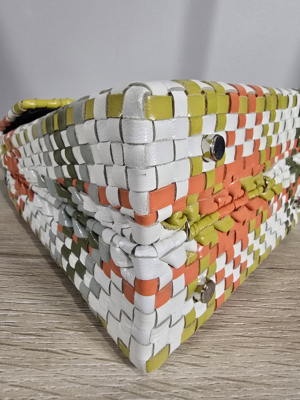 Salvatore Ferragamo Woven Leather Gancini Top Handle Bag Multicolor White Orange Green Silver Hardware