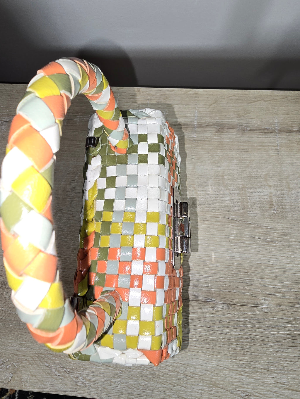 Salvatore Ferragamo Woven Leather Gancini Top Handle Bag Multicolor White Orange Green Silver Hardware