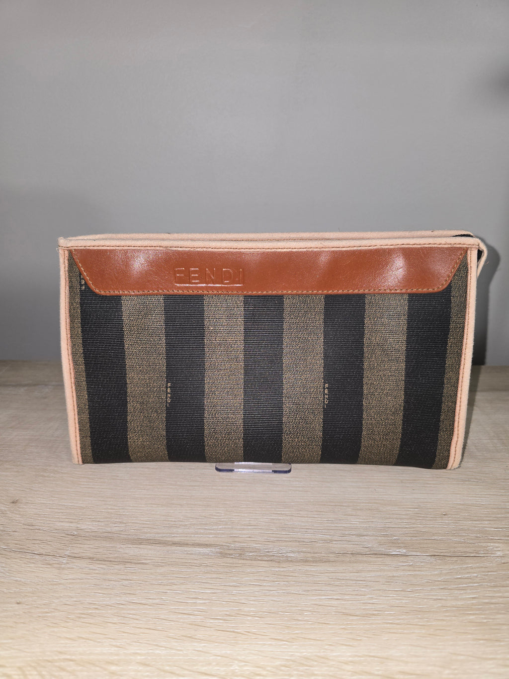Fendi Vintage Pequin Striped Canvas Flat Pouch Brown Black Tan Leather Trim