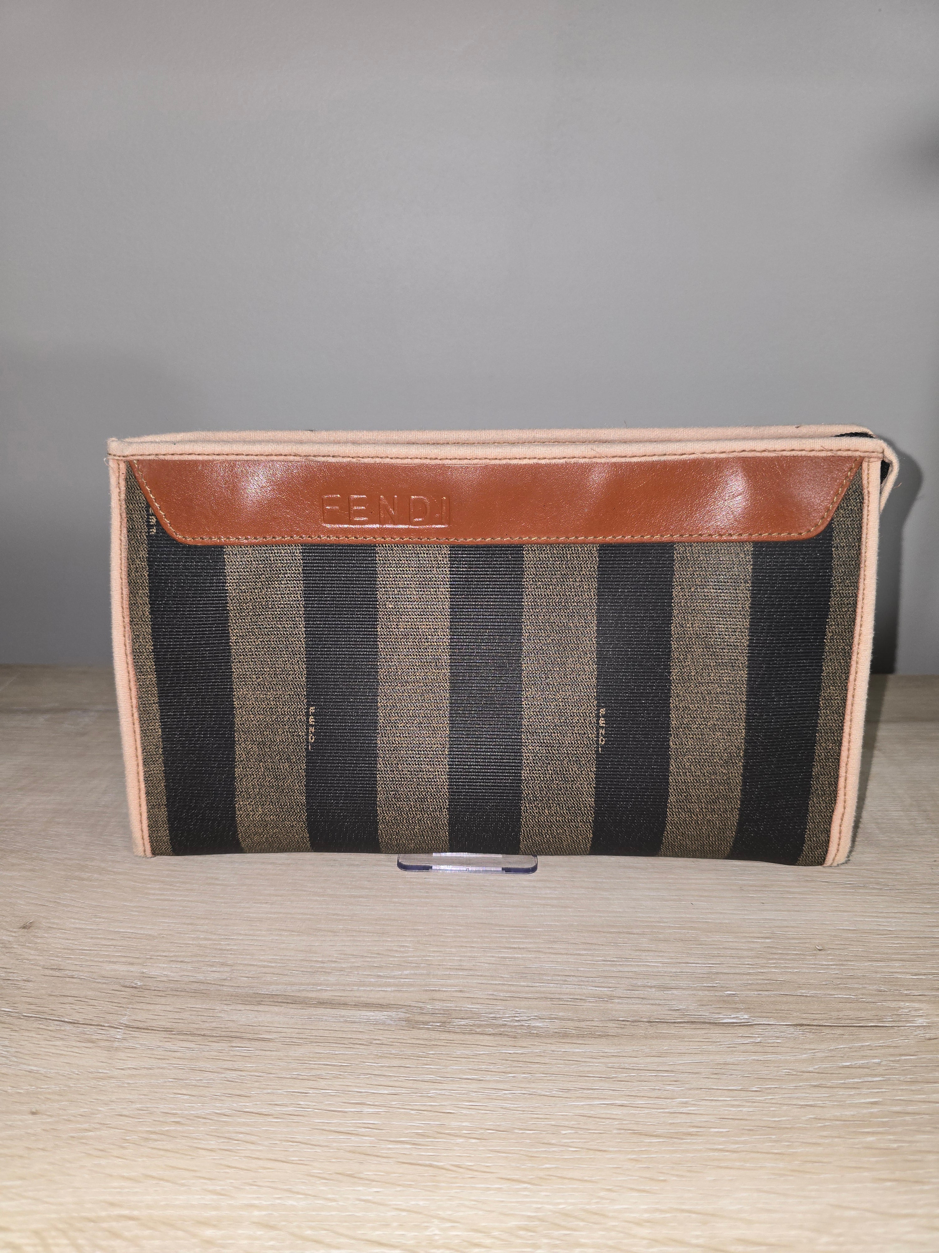 Fendi Vintage Pequin Striped Canvas Flat Pouch Brown Black Tan Leather Trim