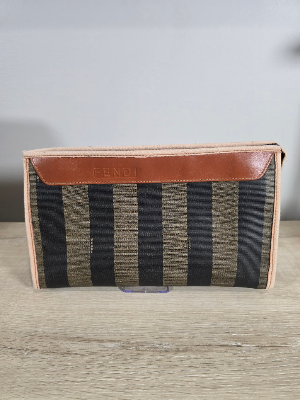 Fendi Vintage Pequin Striped Canvas Flat Pouch Brown Black Tan Leather Trim