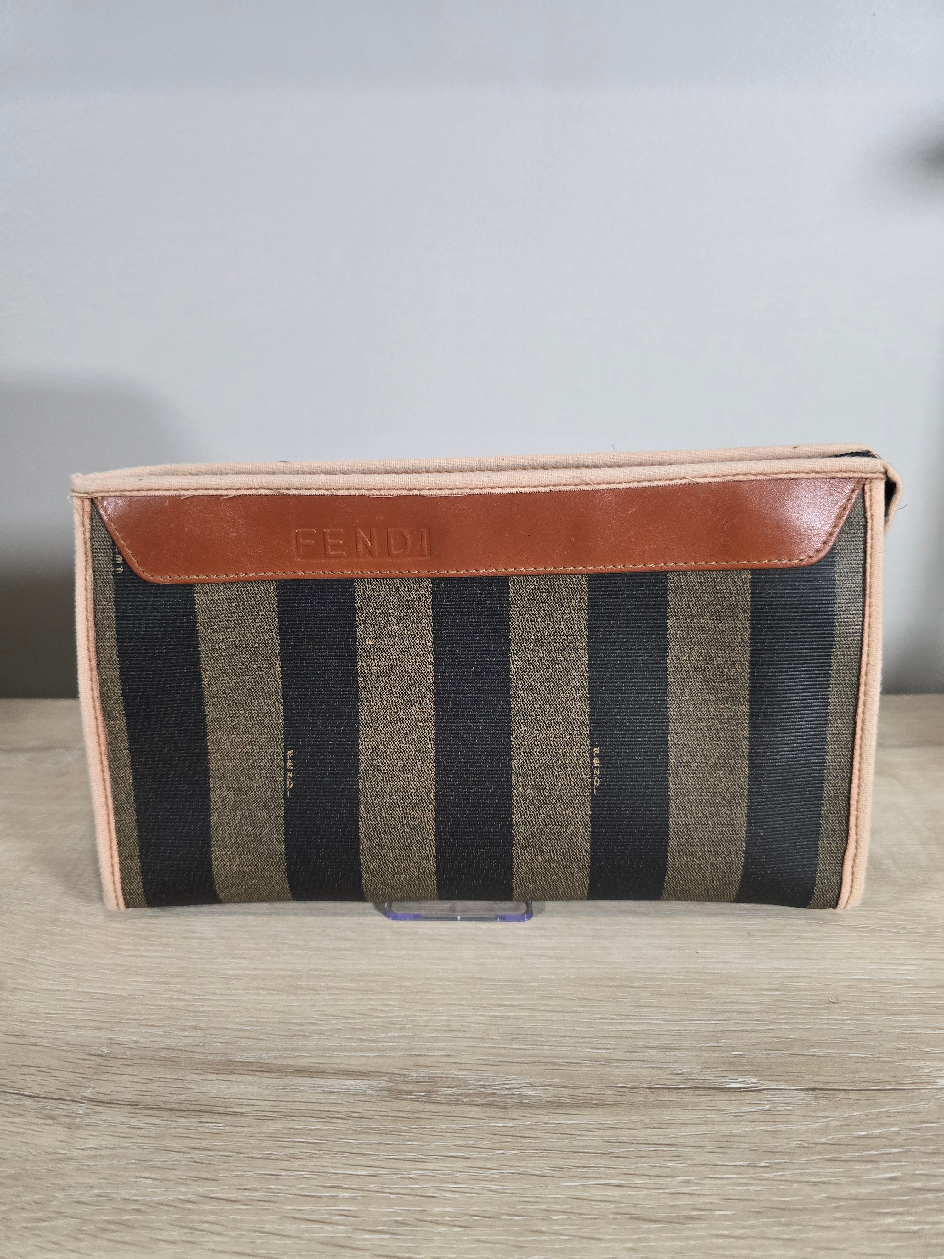 Fendi Vintage Pequin Striped Canvas Flat Pouch Brown Black Tan Leather Trim
