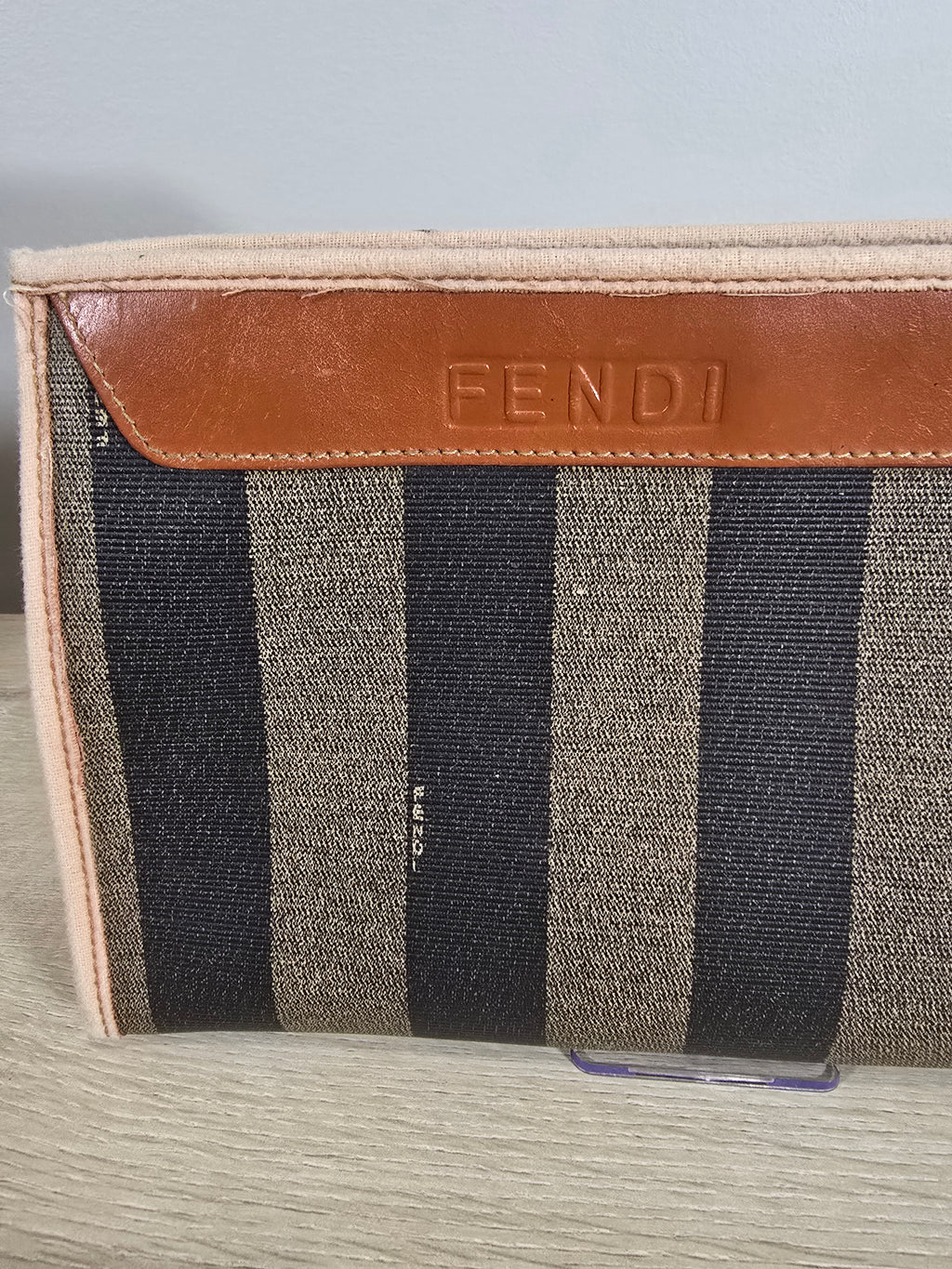 Fendi Vintage Pequin Striped Canvas Flat Pouch Brown Black Tan Leather Trim