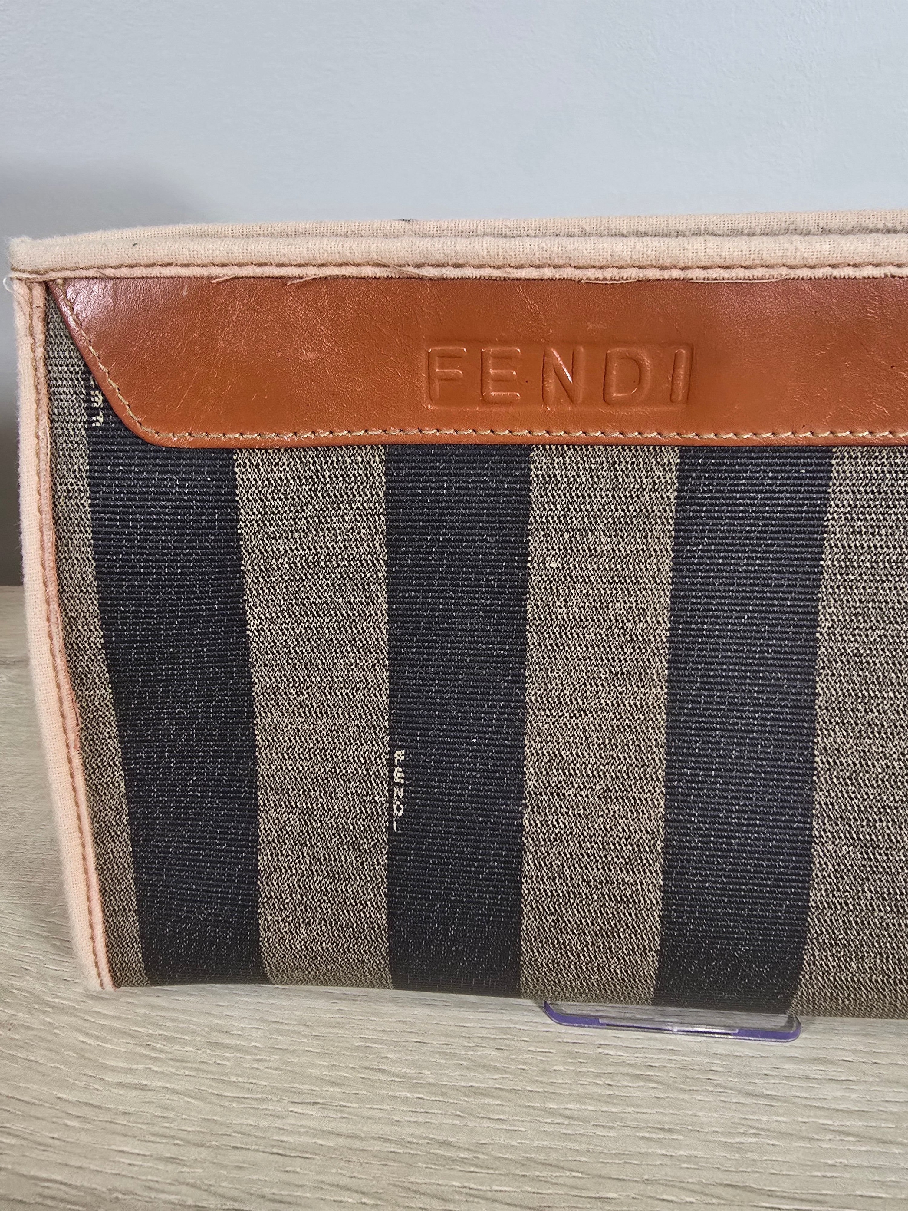 Fendi Vintage Pequin Striped Canvas Flat Pouch Brown Black Tan Leather Trim