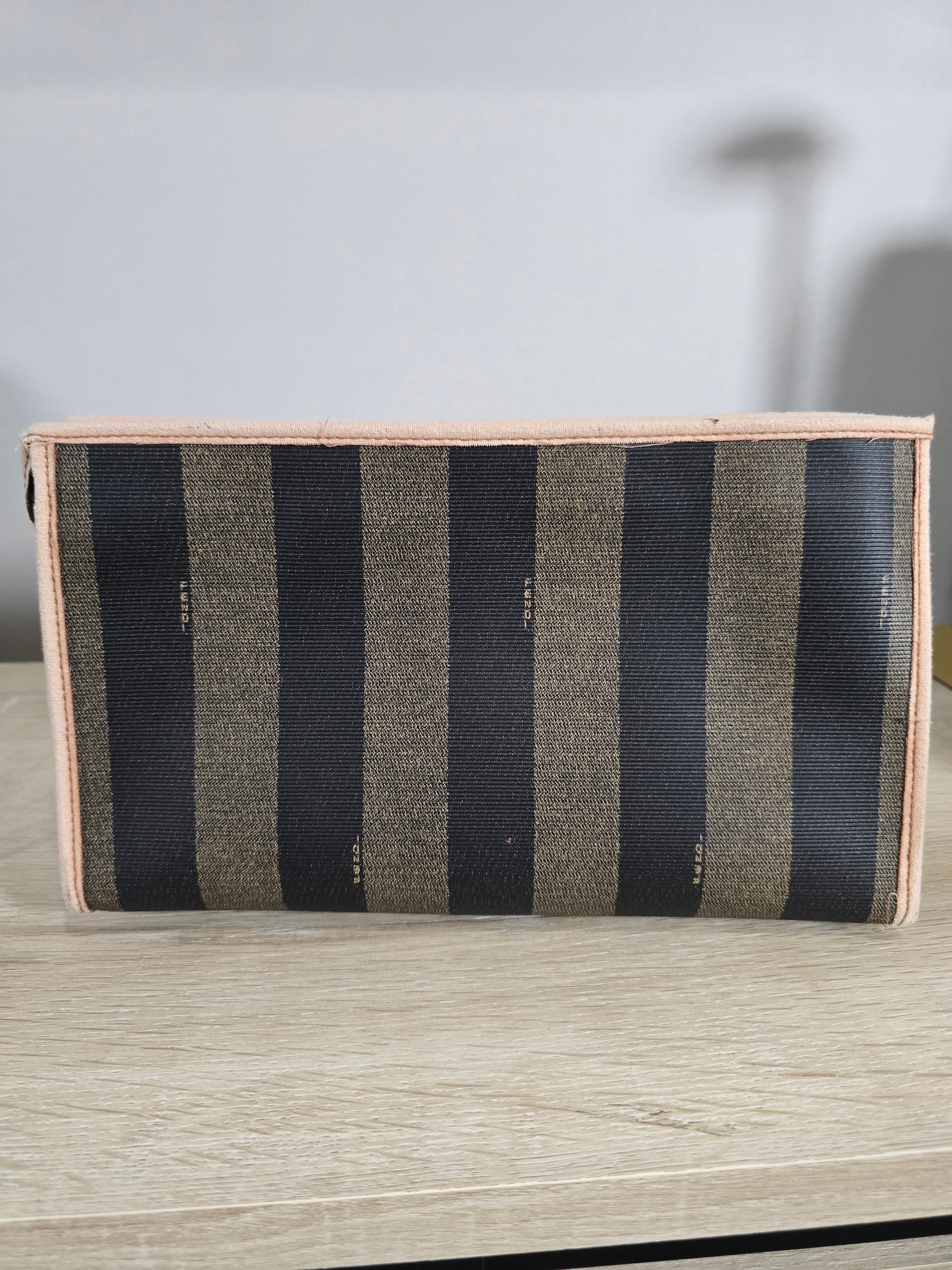 Fendi Vintage Pequin Striped Canvas Flat Pouch Brown Black Tan Leather Trim