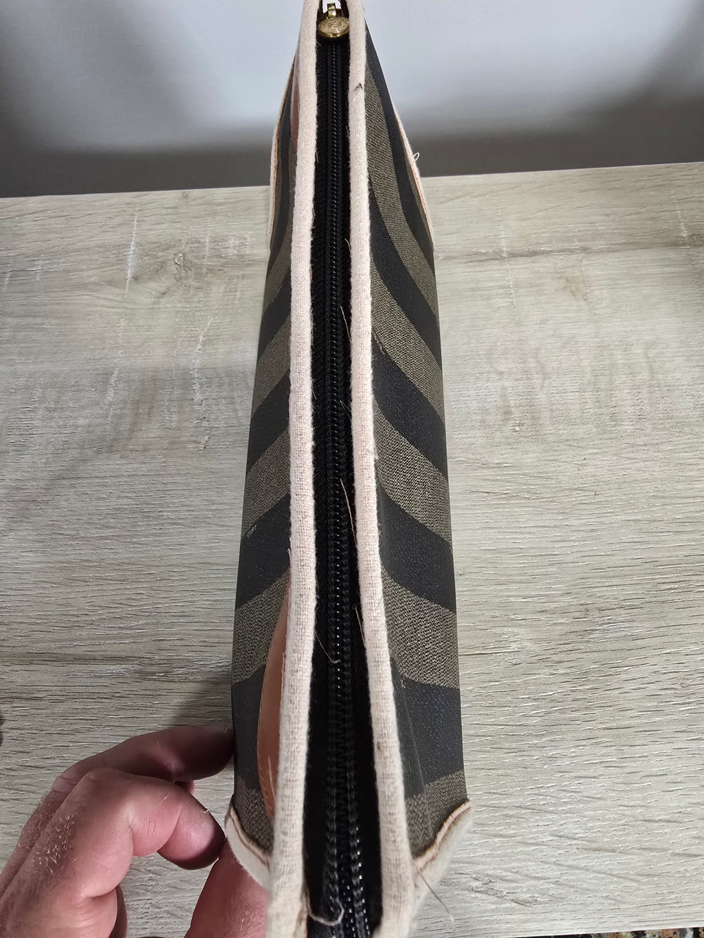 Fendi Vintage Pequin Striped Canvas Flat Pouch Brown Black Tan Leather Trim