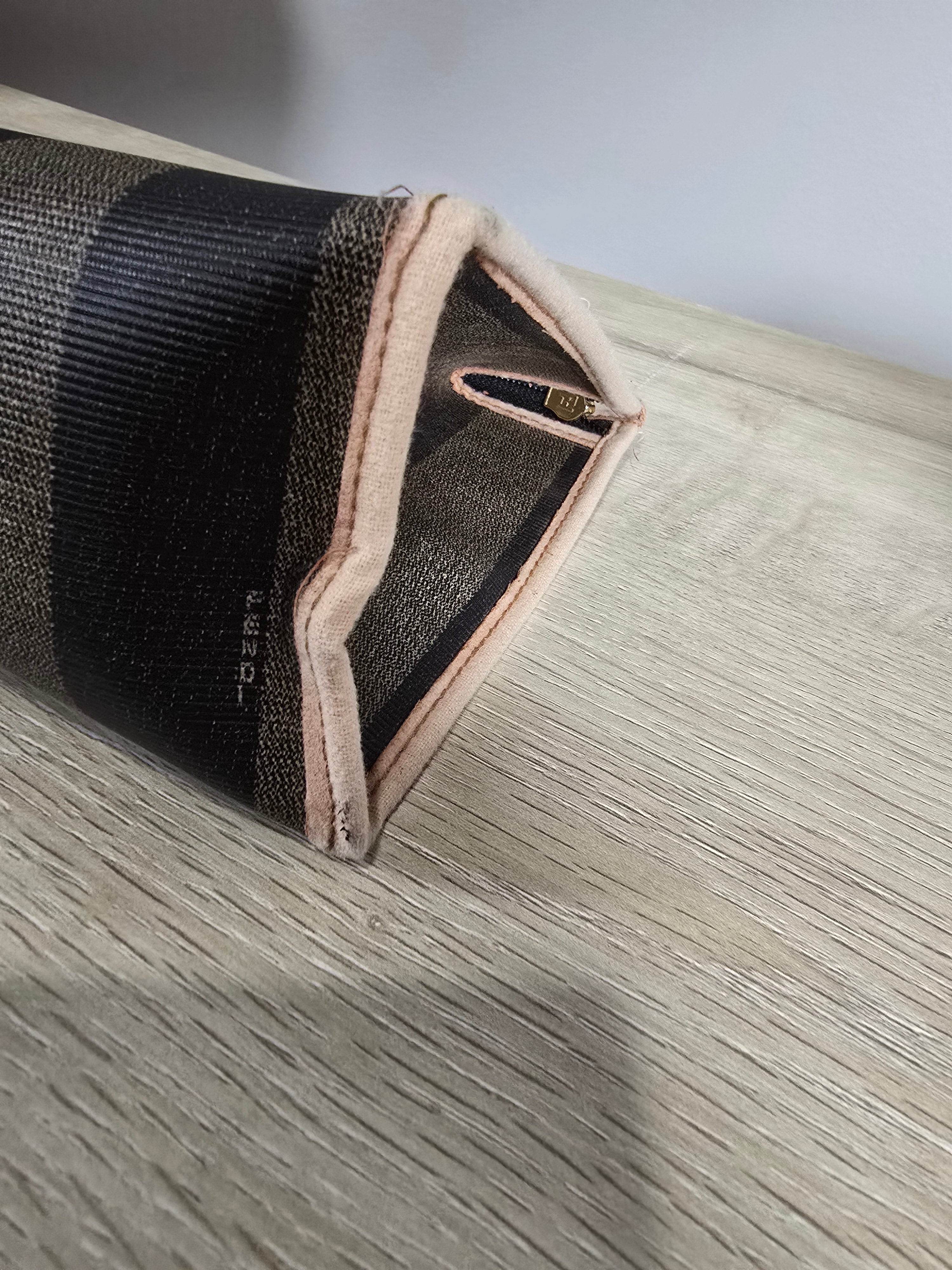 Fendi Vintage Pequin Striped Canvas Flat Pouch Brown Black Tan Leather Trim