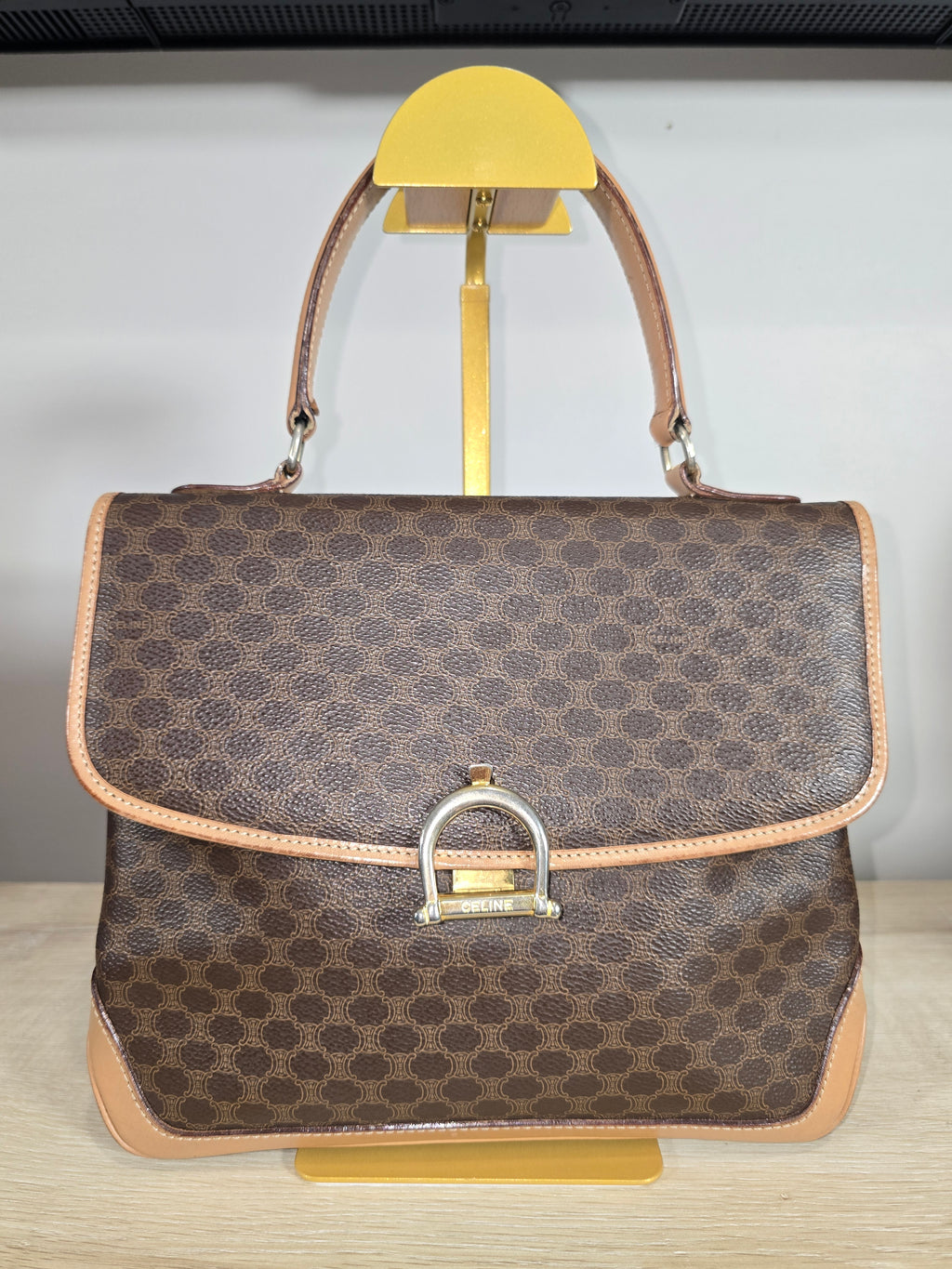 Céline Vintage Macadam Top Handle Bag Gold Horsebit Hardware Flap Closure