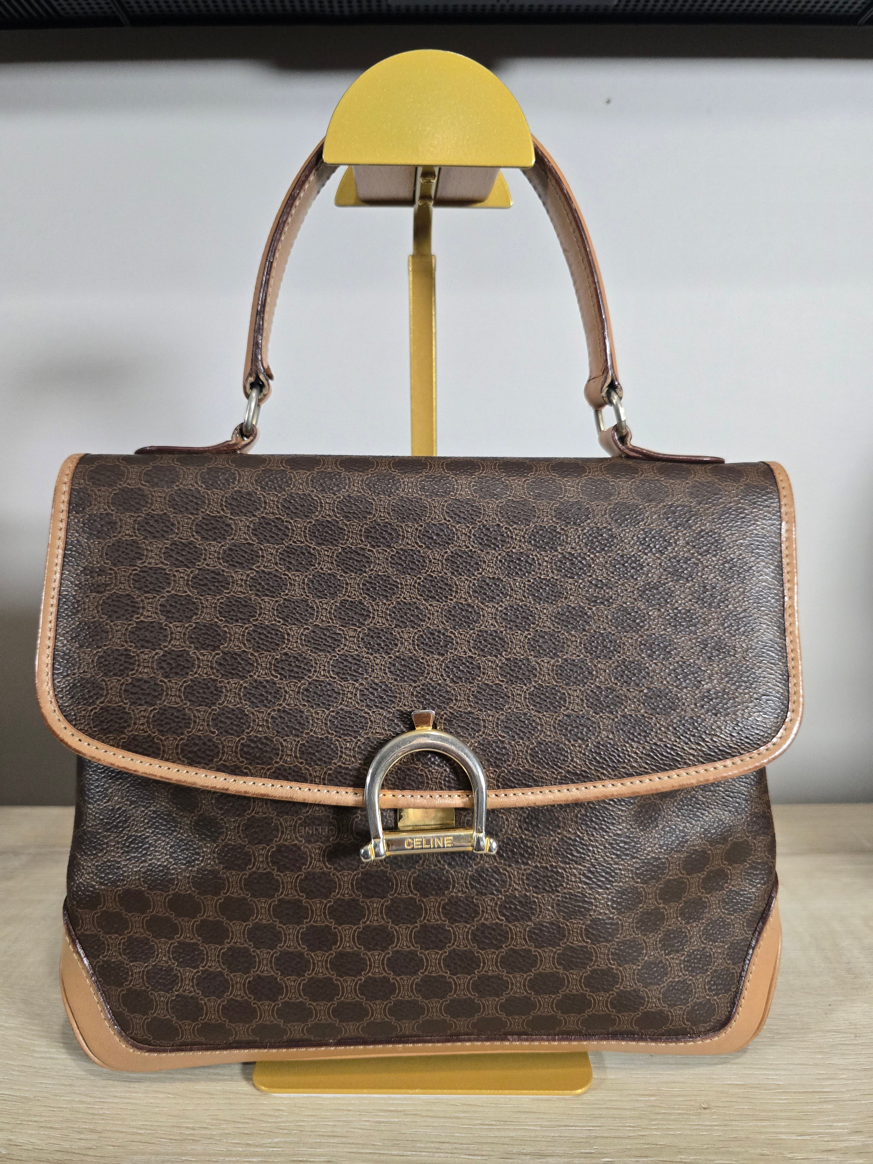 Céline Vintage Macadam Top Handle Bag Gold Horsebit Hardware Flap Closure