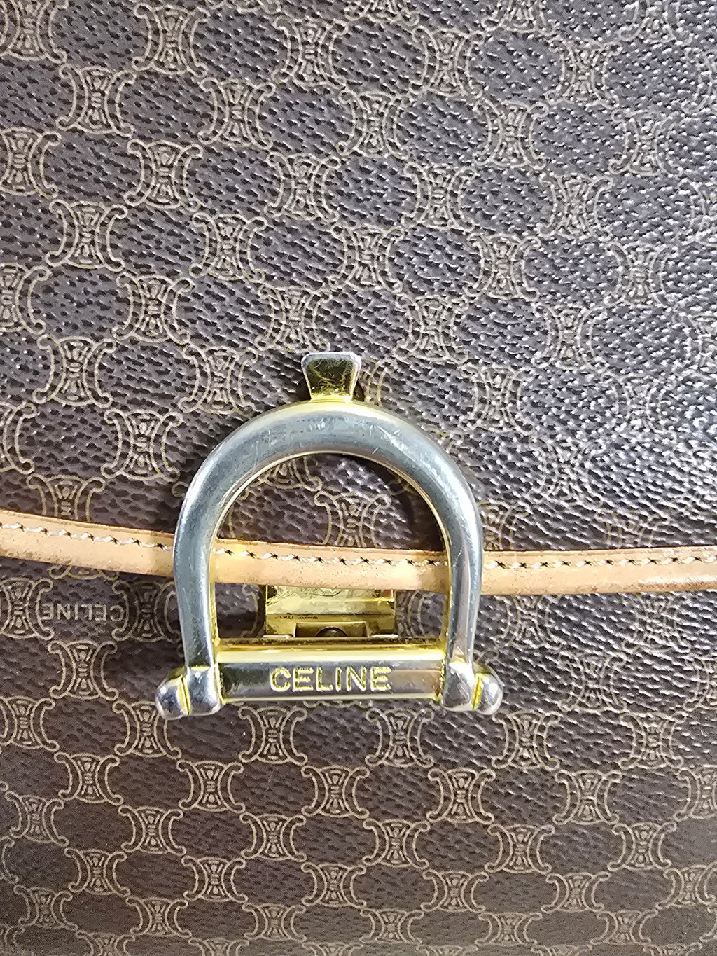 Céline Vintage Macadam Top Handle Bag Gold Horsebit Hardware Flap Closure