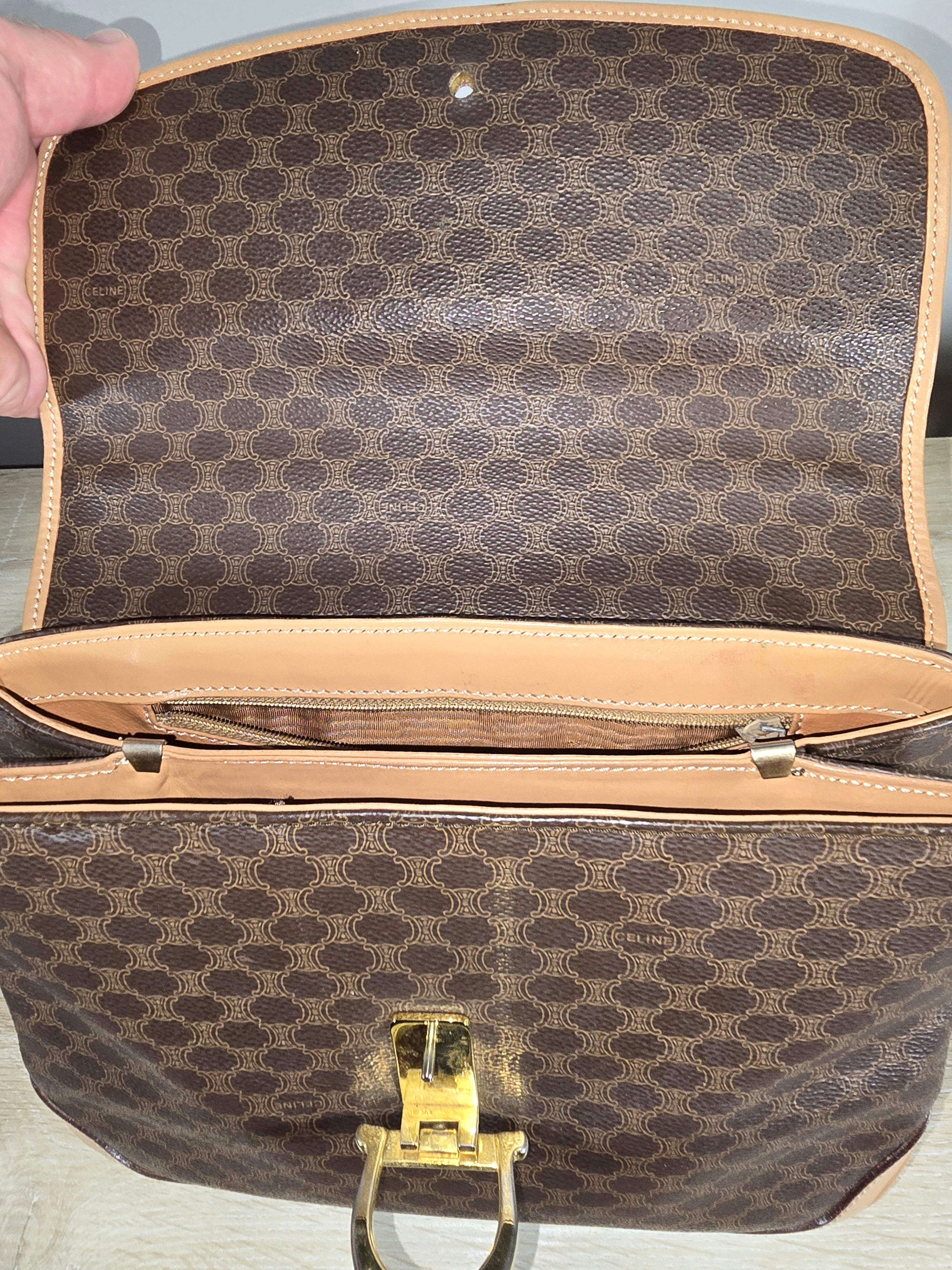 Céline Vintage Macadam Top Handle Bag Gold Horsebit Hardware Flap Closure