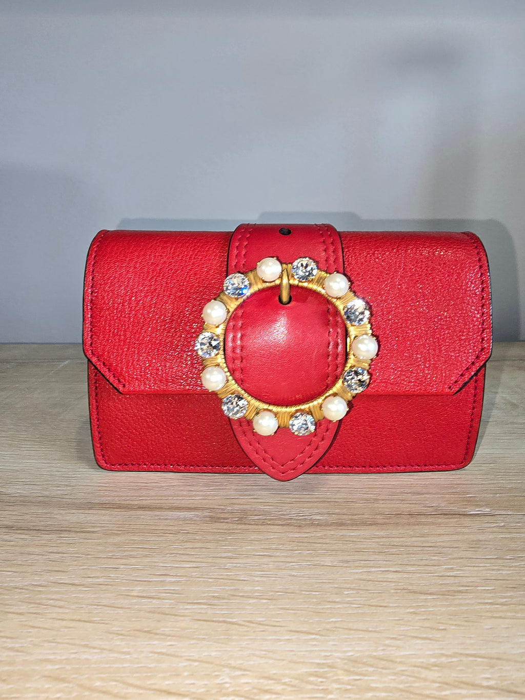 Miu Miu Lady Crossbody Belt Bag Red Leather Gold Circular Buckle Faux Pearl Crystal