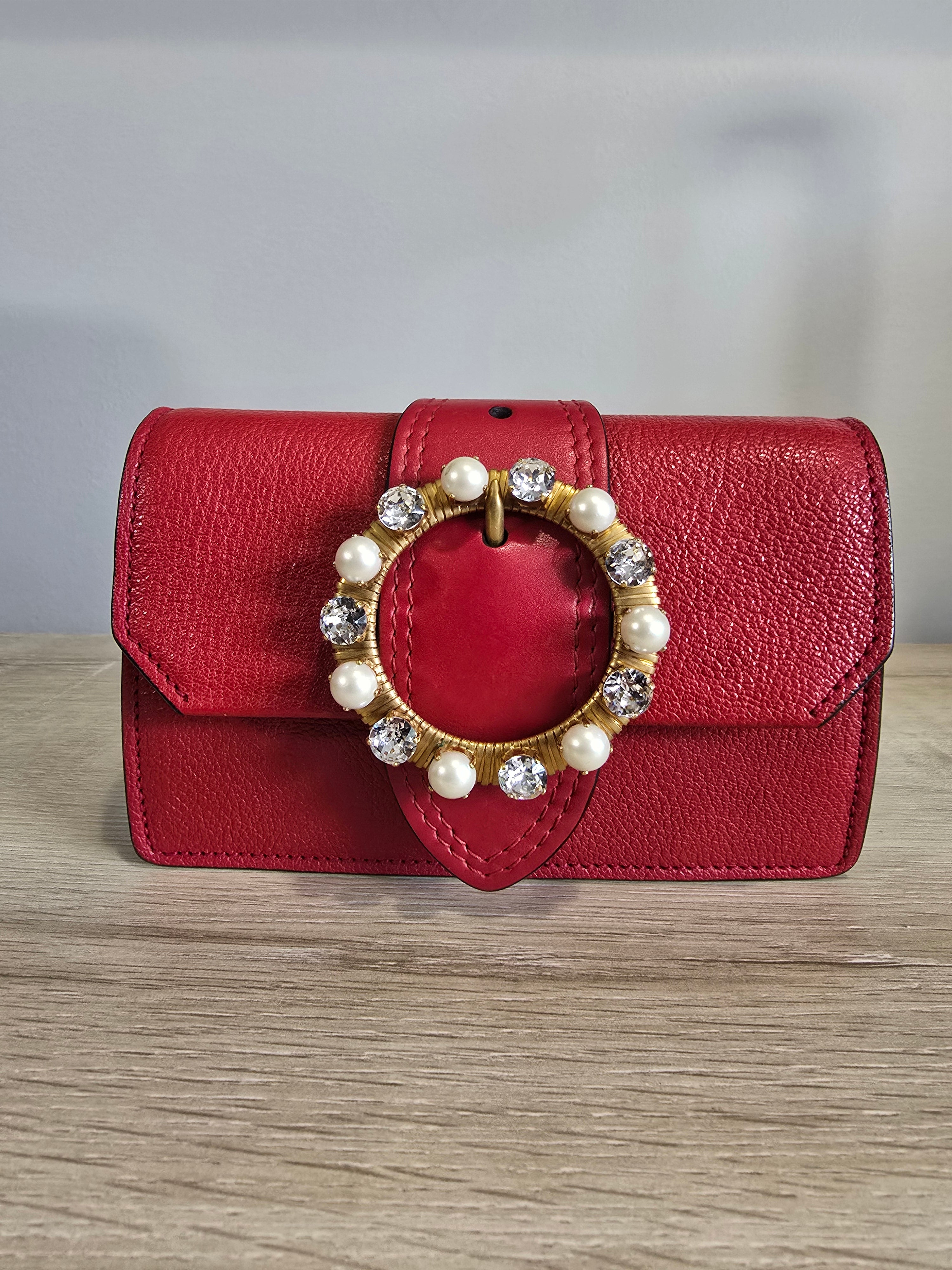 Miu Miu Lady Crossbody Belt Bag Red Leather Gold Circular Buckle Faux Pearl Crystal