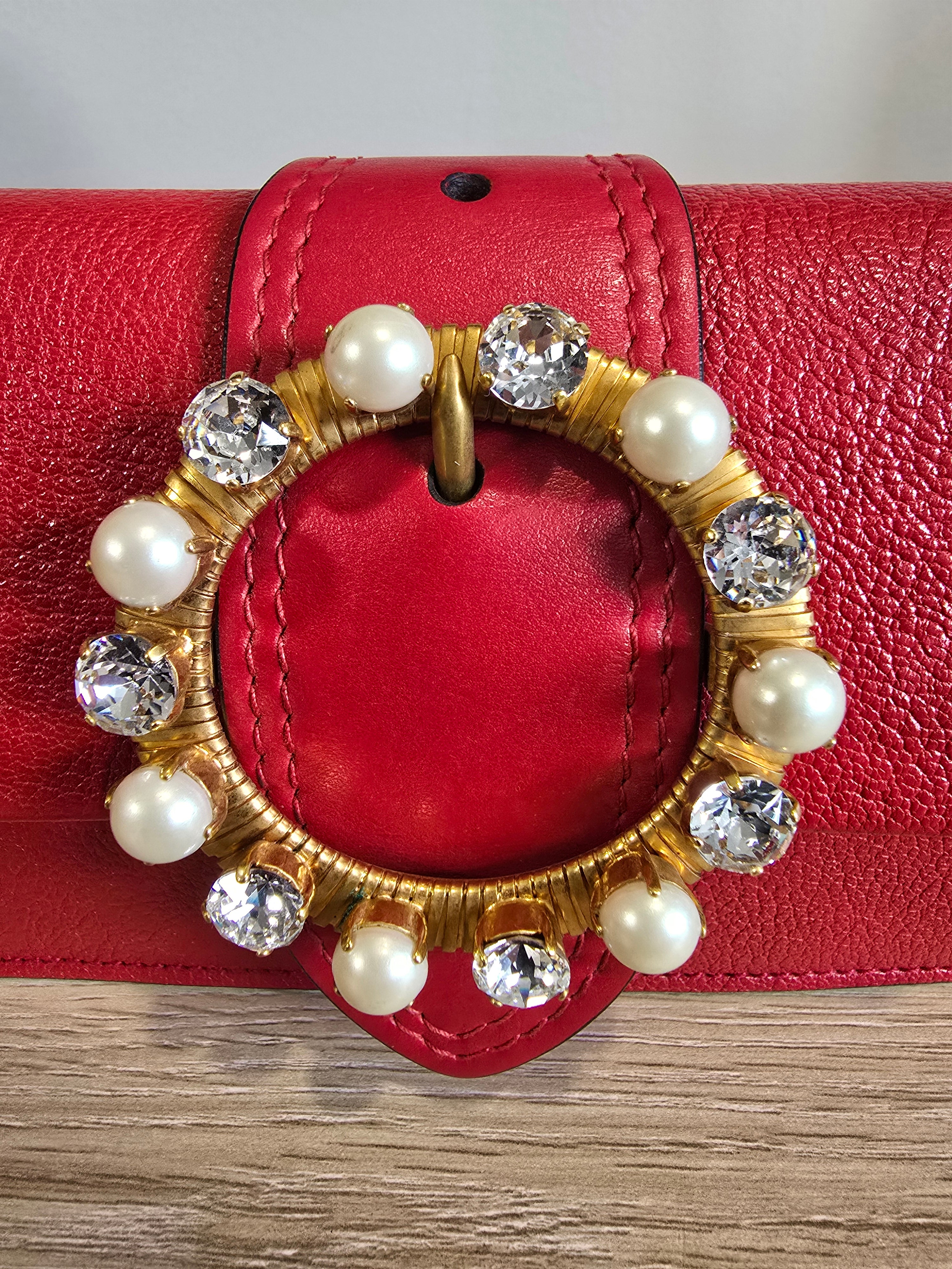 Miu Miu Lady Crossbody Belt Bag Red Leather Gold Circular Buckle Faux Pearl Crystal