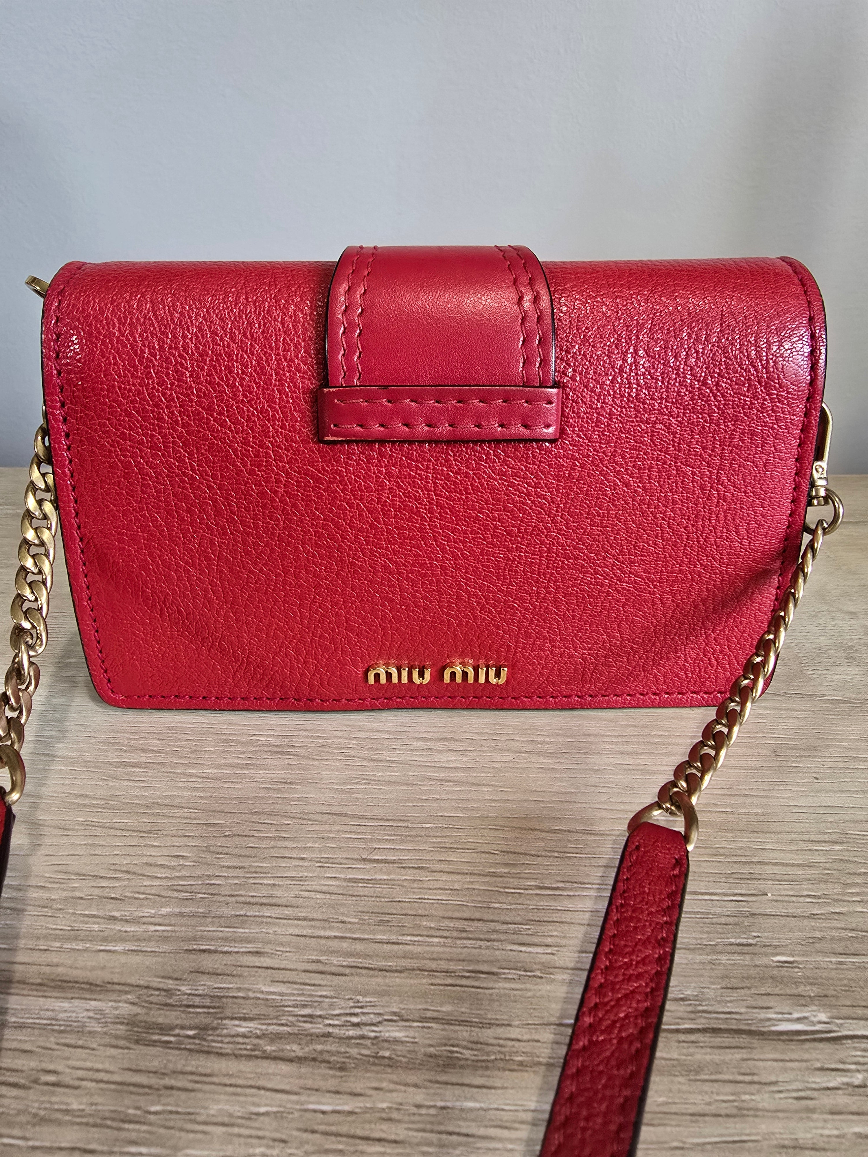 Miu Miu Lady Crossbody Belt Bag Red Leather Gold Circular Buckle Faux Pearl Crystal