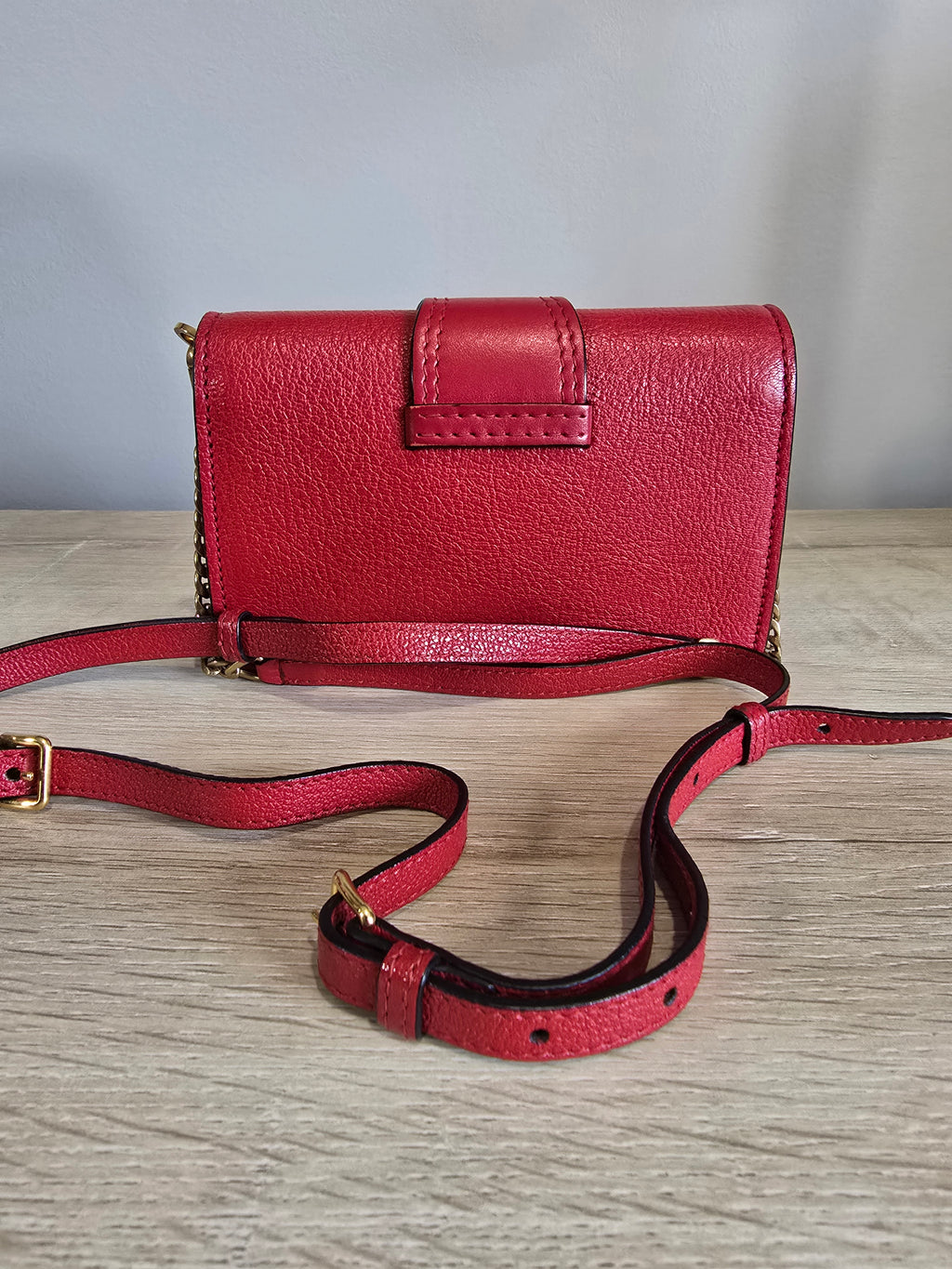 Miu Miu Lady Crossbody Belt Bag Red Leather Gold Circular Buckle Faux Pearl Crystal