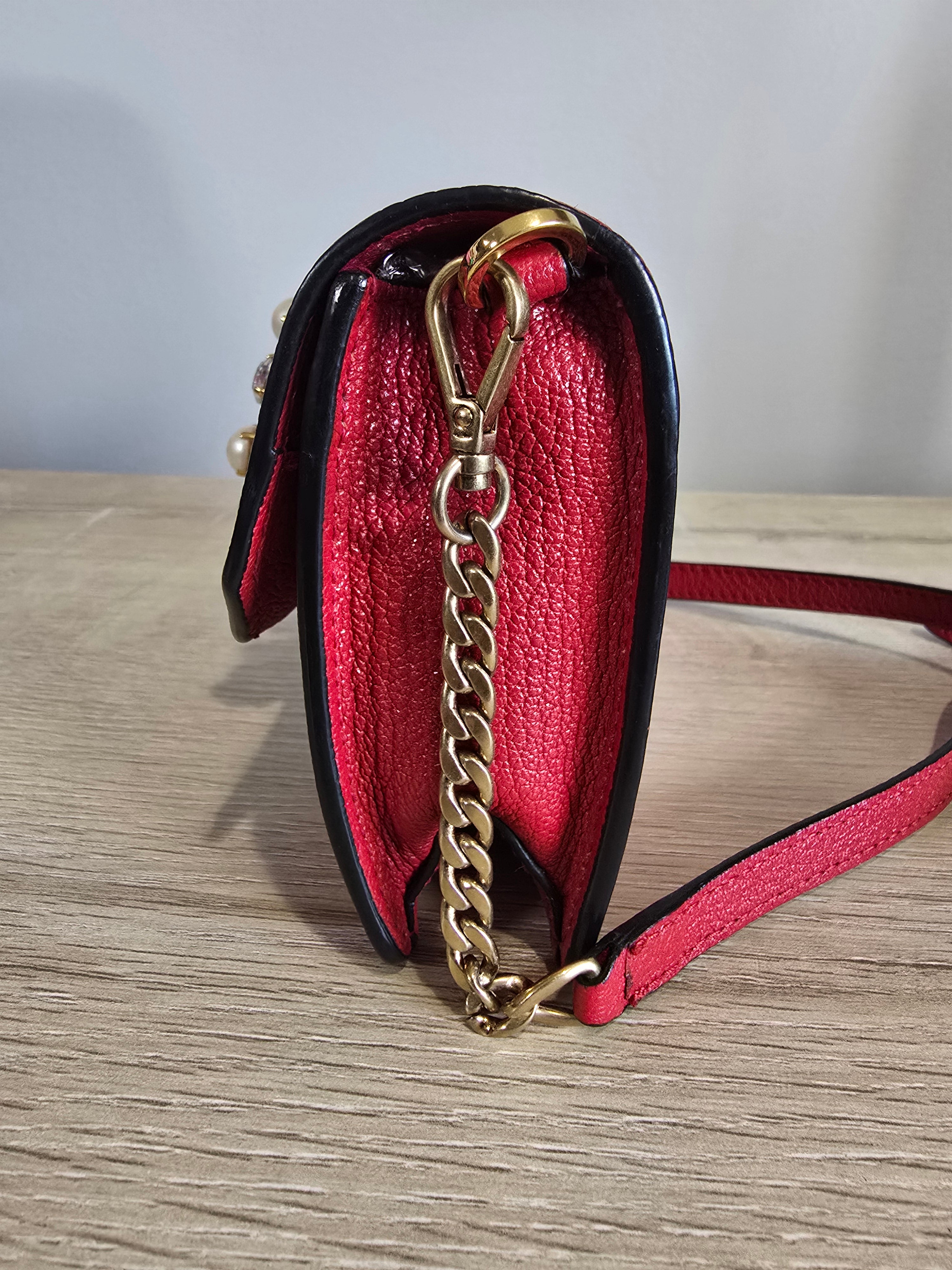 Miu Miu Lady Crossbody Belt Bag Red Leather Gold Circular Buckle Faux Pearl Crystal