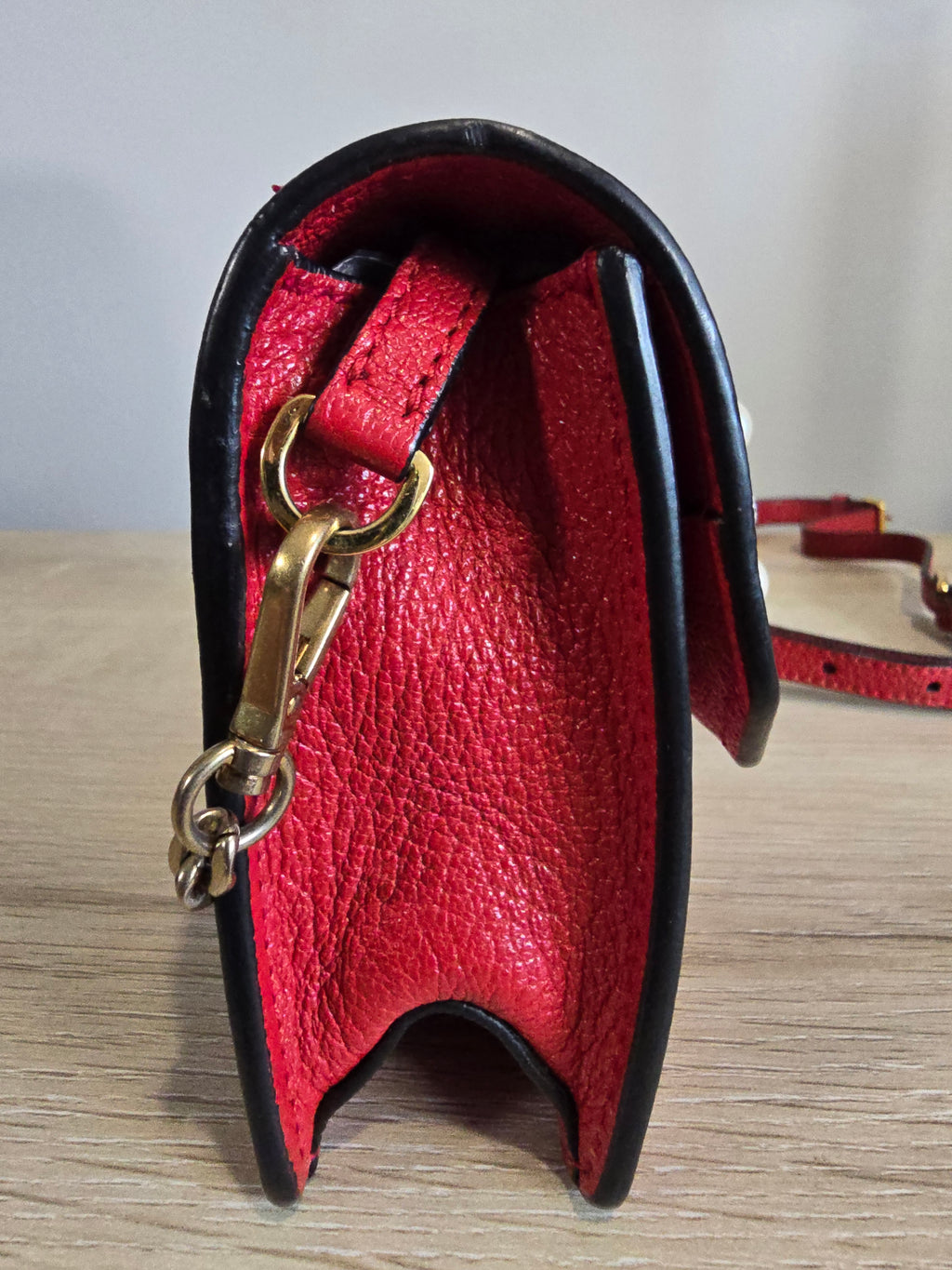 Miu Miu Lady Crossbody Belt Bag Red Leather Gold Circular Buckle Faux Pearl Crystal
