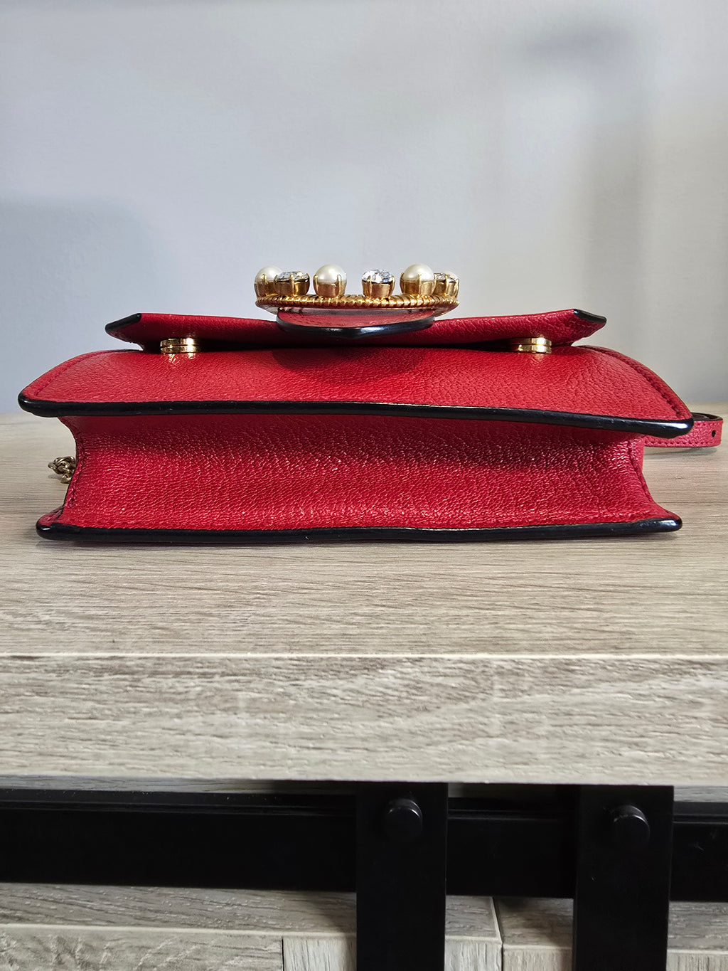 Miu Miu Lady Crossbody Belt Bag Red Leather Gold Circular Buckle Faux Pearl Crystal