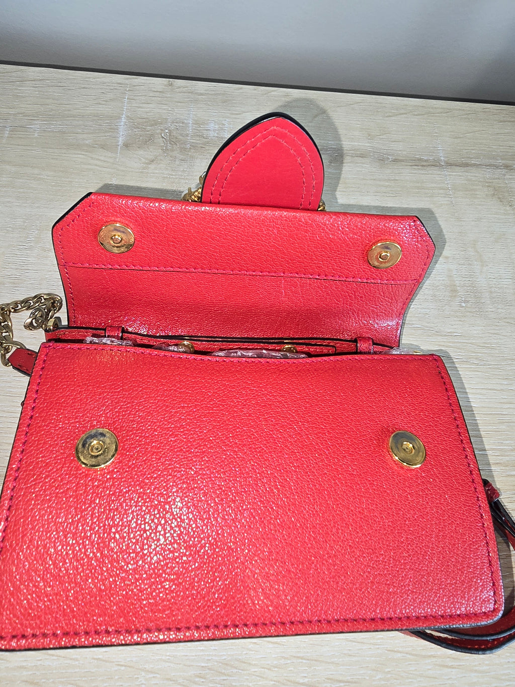 Miu Miu Lady Crossbody Belt Bag Red Leather Gold Circular Buckle Faux Pearl Crystal