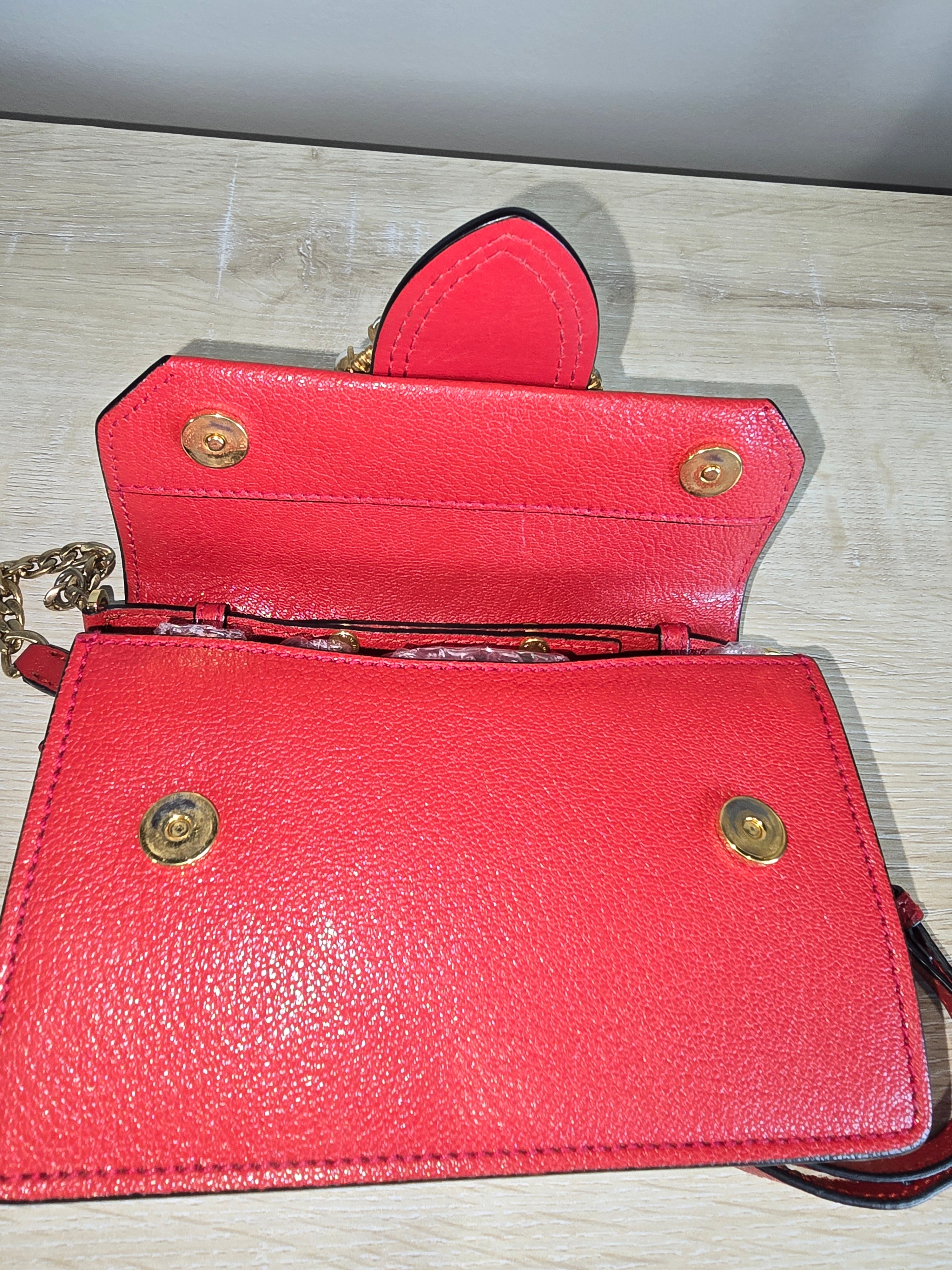 Miu Miu Lady Crossbody Belt Bag Red Leather Gold Circular Buckle Faux Pearl Crystal