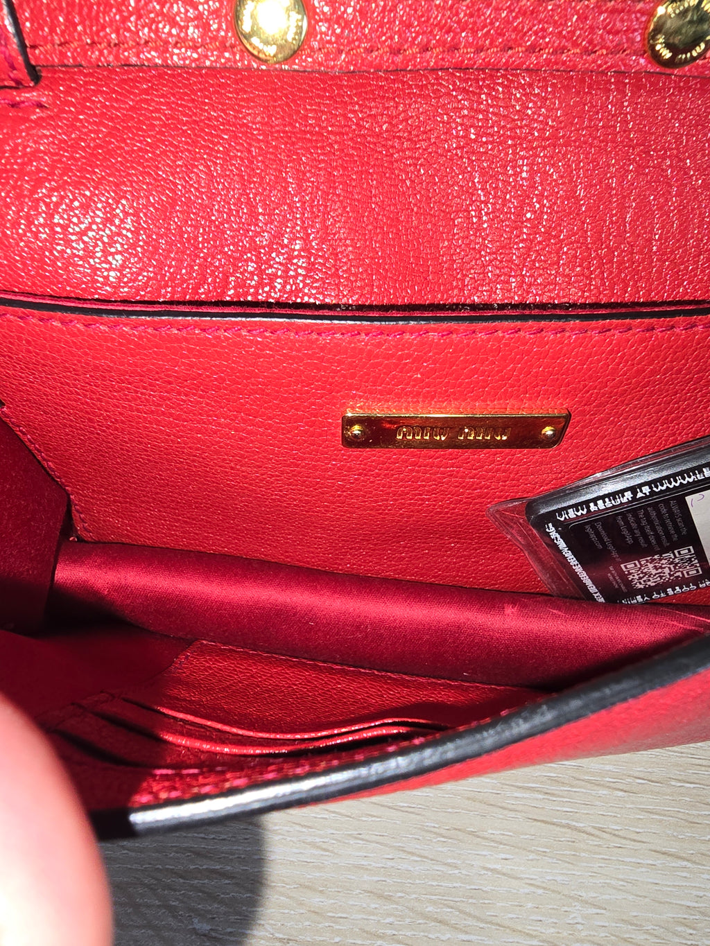 Miu Miu Lady Crossbody Belt Bag Red Leather Gold Circular Buckle Faux Pearl Crystal