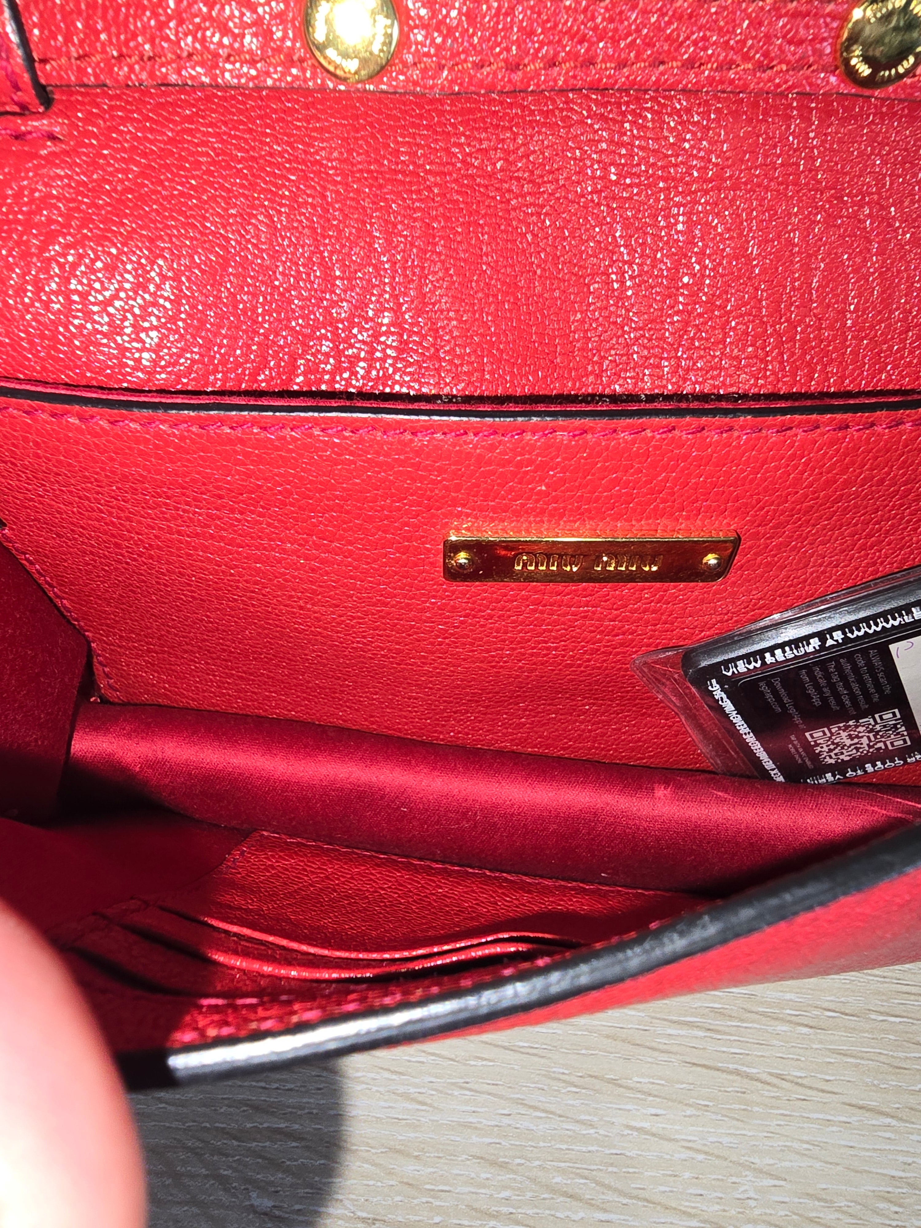 Miu Miu Lady Crossbody Belt Bag Red Leather Gold Circular Buckle Faux Pearl Crystal