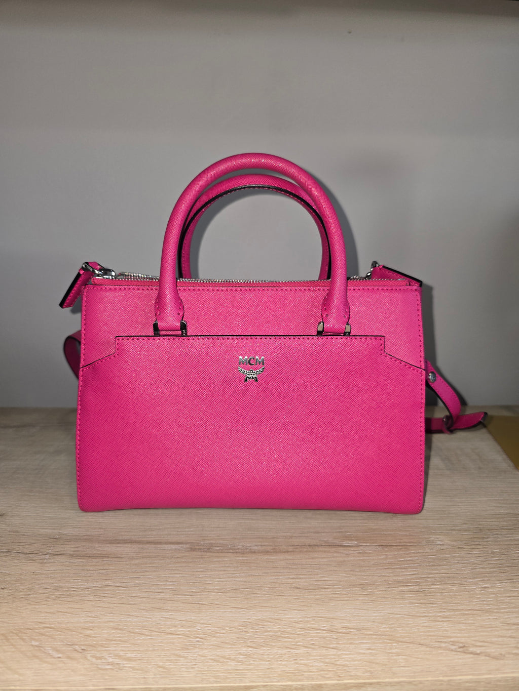 MCM Saffiano Leather Shoulder Tote Bag Pink Magenta