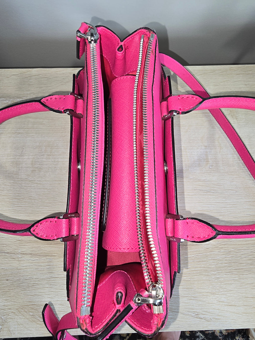 MCM Saffiano Leather Shoulder Tote Bag Pink Magenta