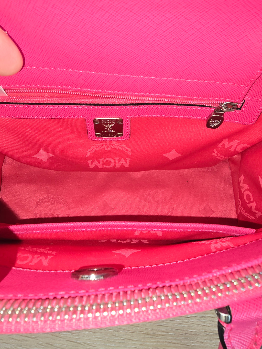 MCM Saffiano Leather Shoulder Tote Bag Pink Magenta