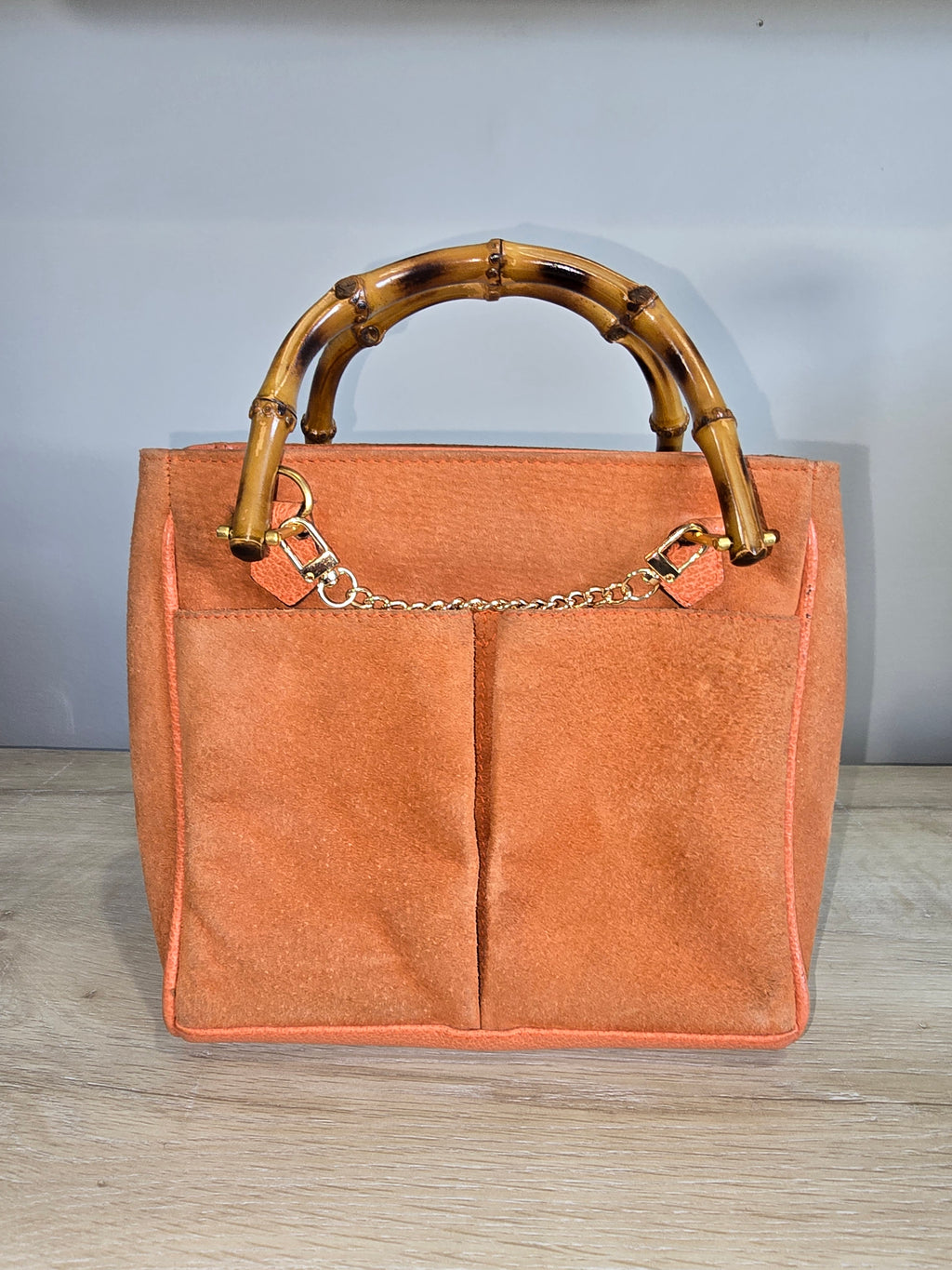 Gucci Vintage Bamboo 2-Way Front Pocket Tote Bag Orange Suede Gold Hardware