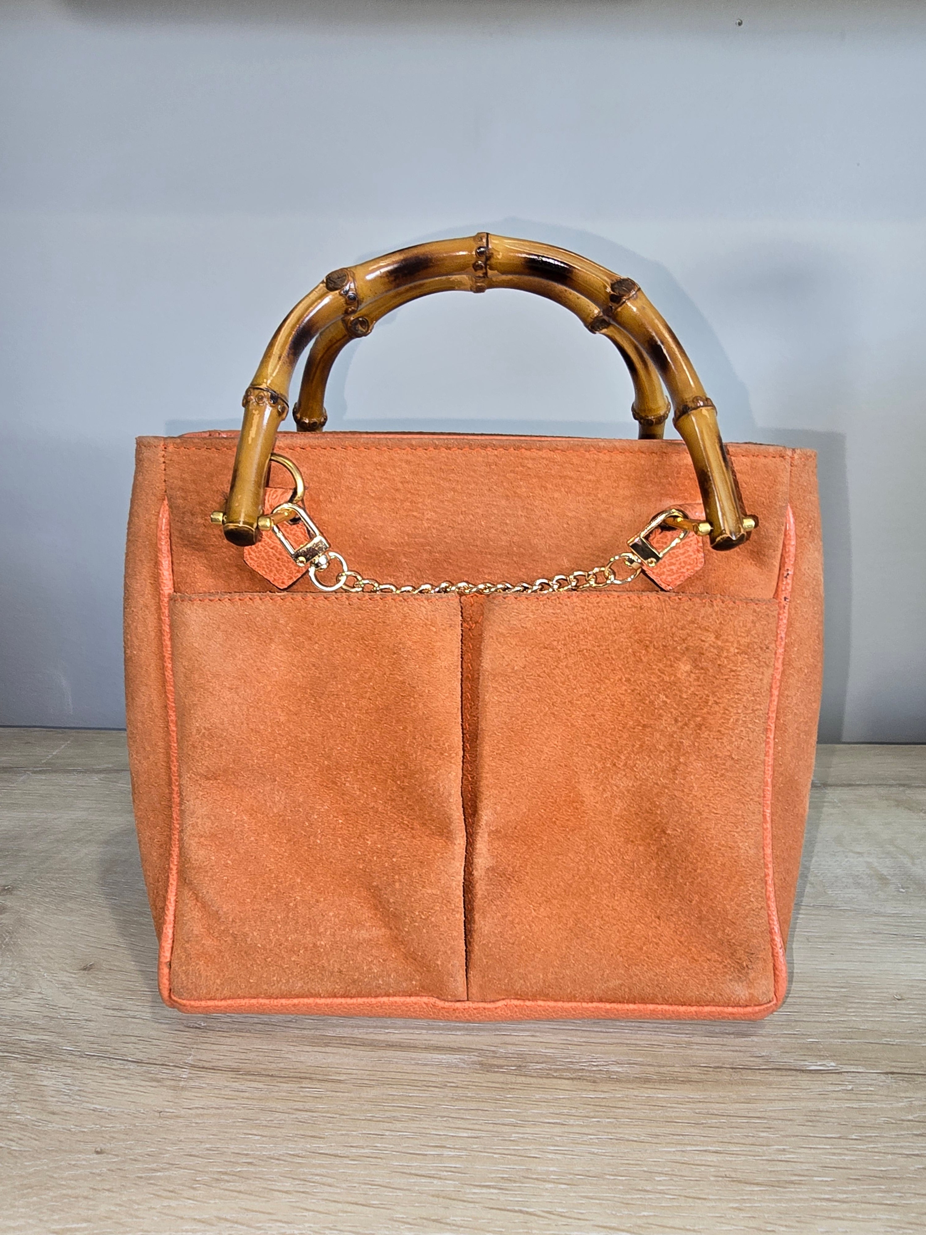 Gucci Vintage Bamboo 2-Way Front Pocket Tote Bag Orange Suede Gold Hardware