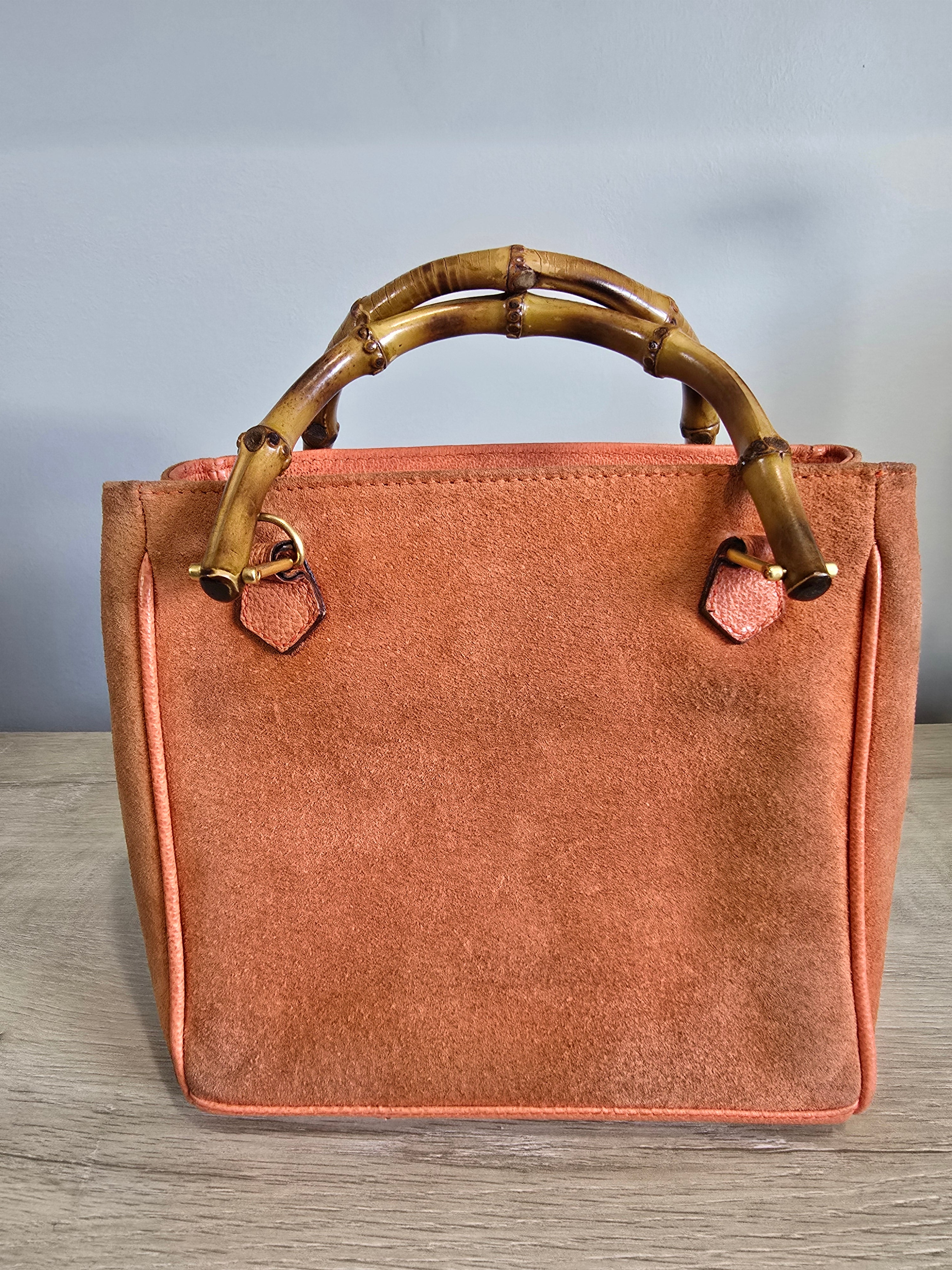 Gucci Vintage Bamboo 2-Way Front Pocket Tote Bag Orange Suede Gold Hardware