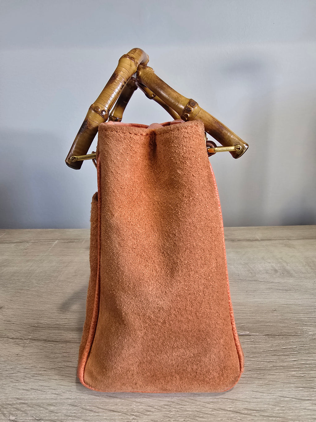 Gucci Vintage Bamboo 2-Way Front Pocket Tote Bag Orange Suede Gold Hardware