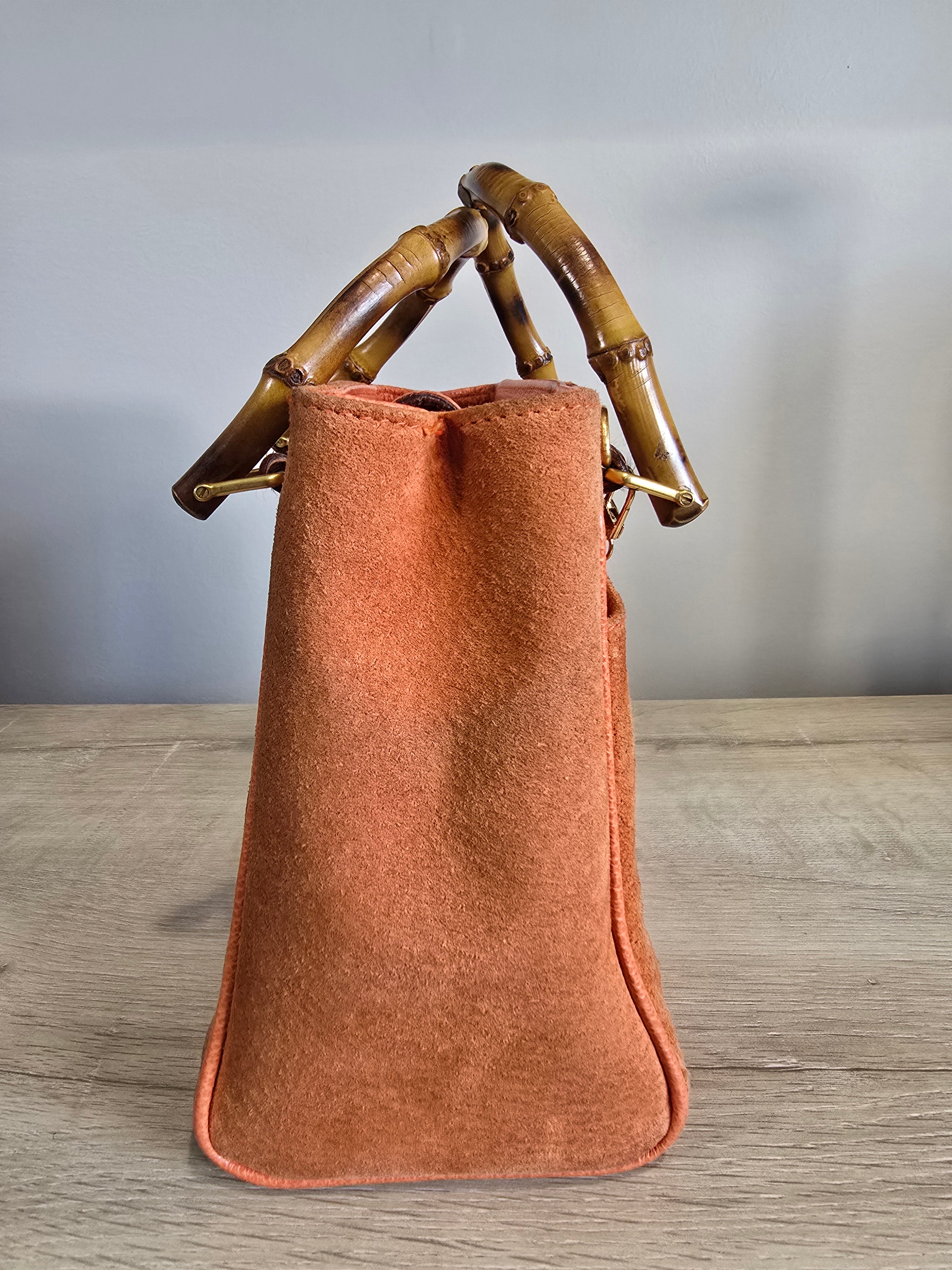 Gucci Vintage Bamboo 2-Way Front Pocket Tote Bag Orange Suede Gold Hardware