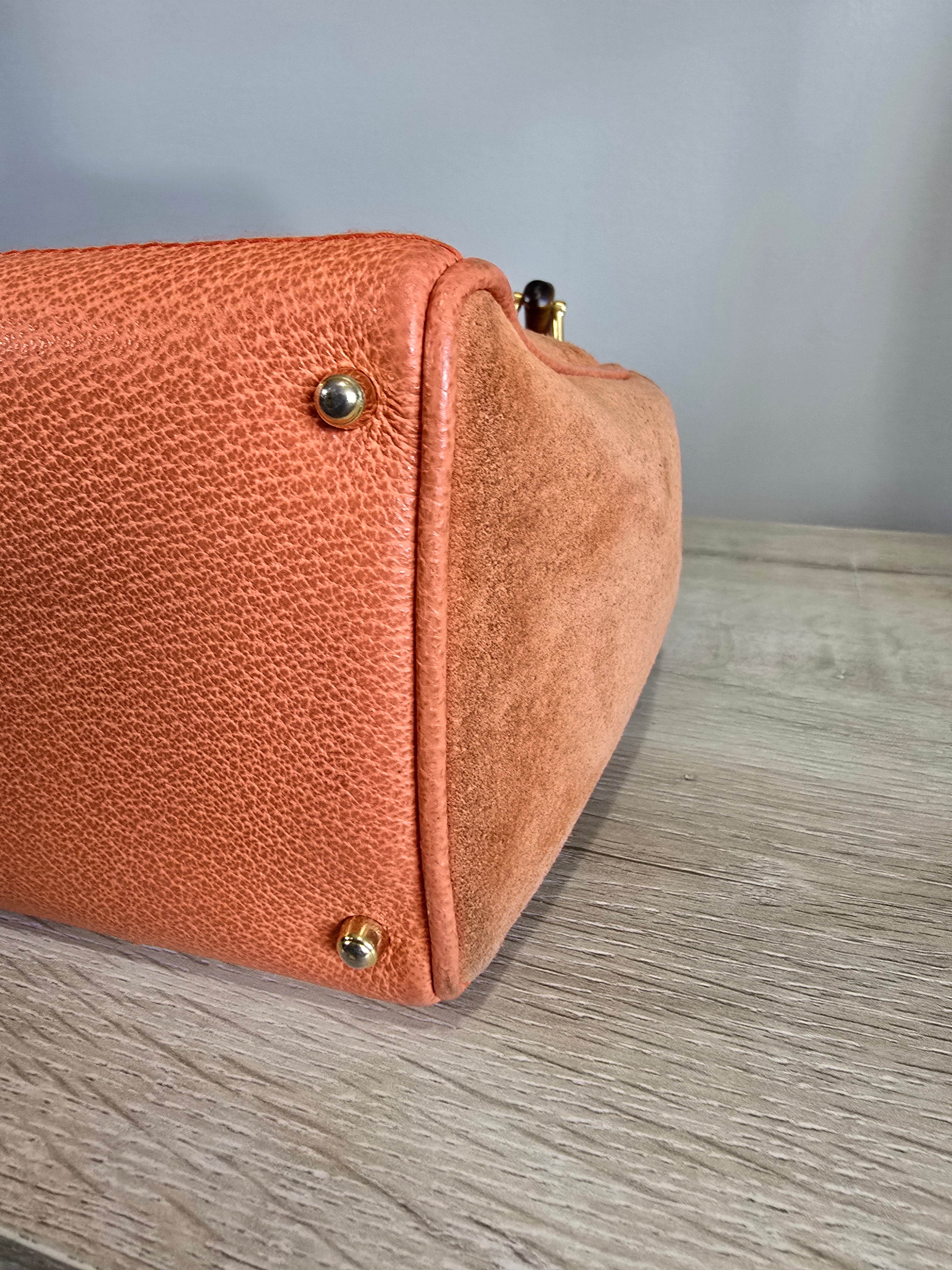 Gucci Vintage Bamboo 2-Way Front Pocket Tote Bag Orange Suede Gold Hardware
