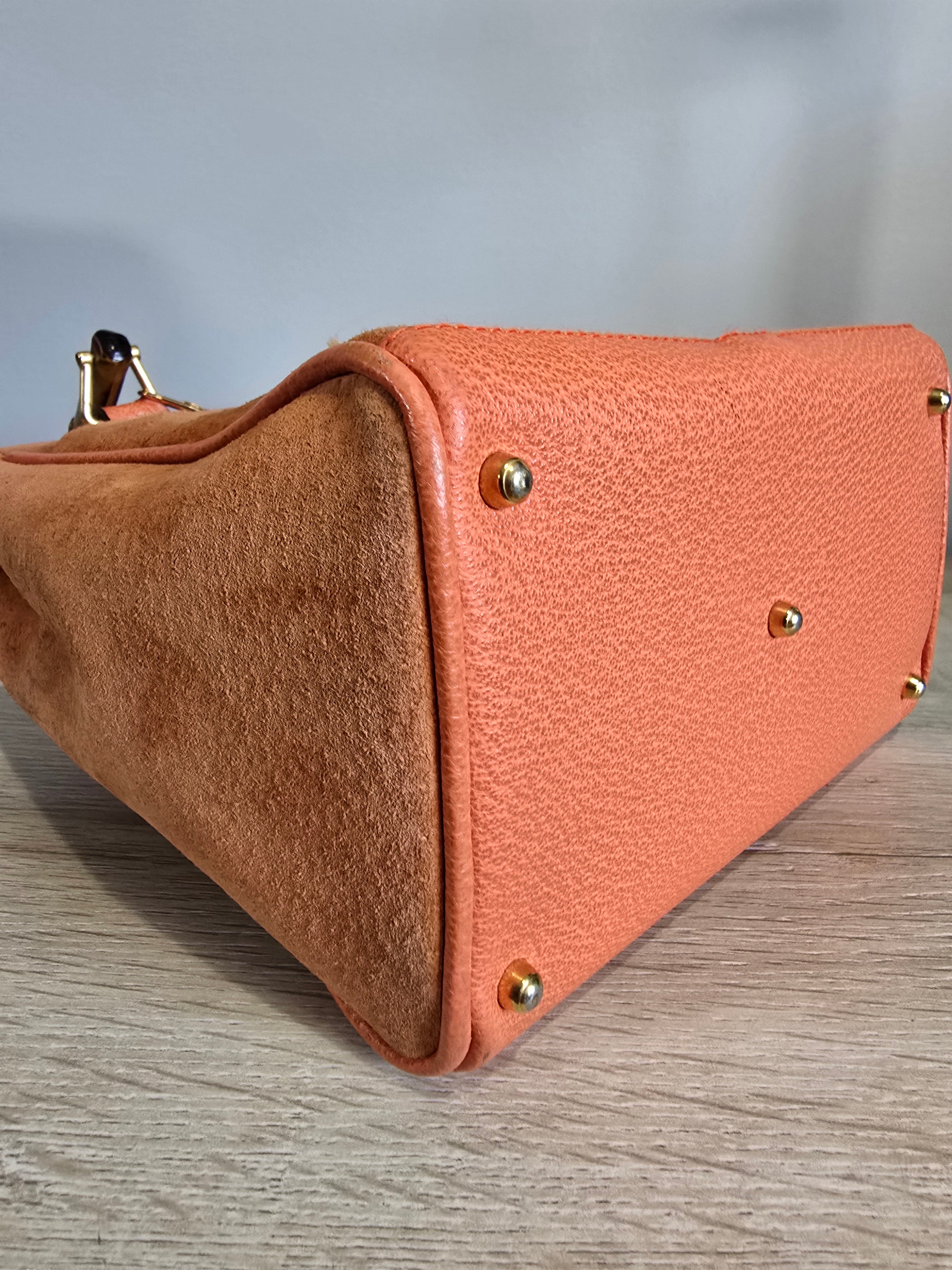 Gucci Vintage Bamboo 2-Way Front Pocket Tote Bag Orange Suede Gold Hardware