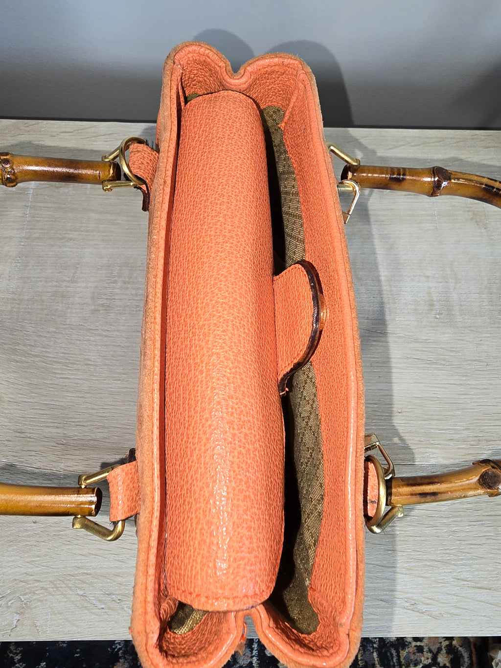 Gucci Vintage Bamboo 2-Way Front Pocket Tote Bag Orange Suede Gold Hardware