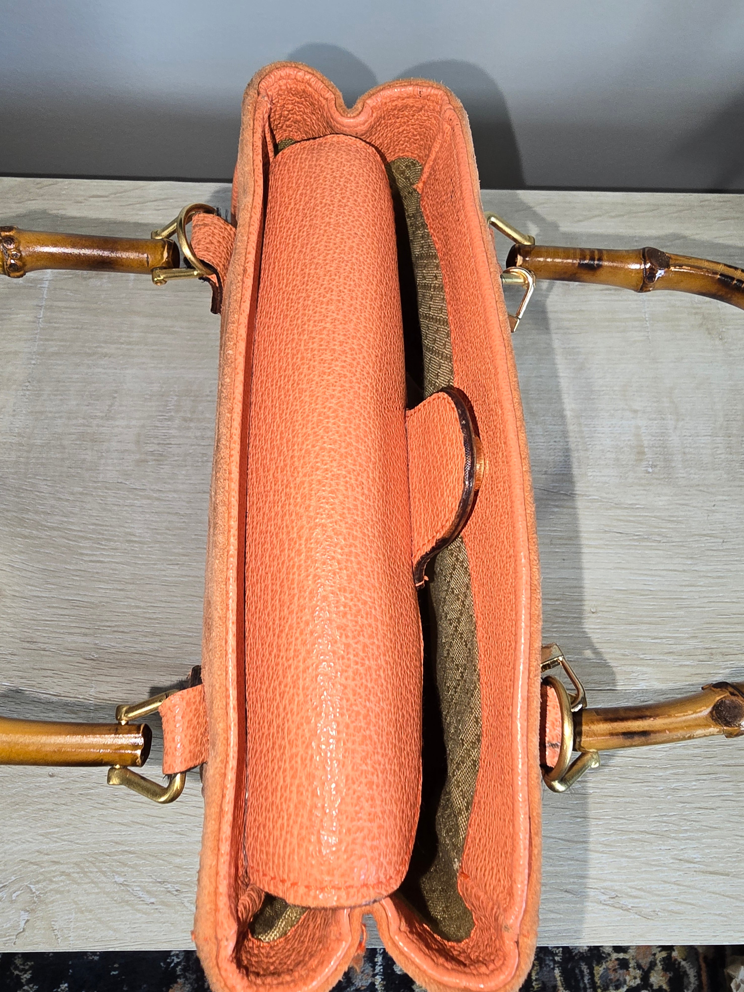 Gucci Vintage Bamboo 2-Way Front Pocket Tote Bag Orange Suede Gold Hardware