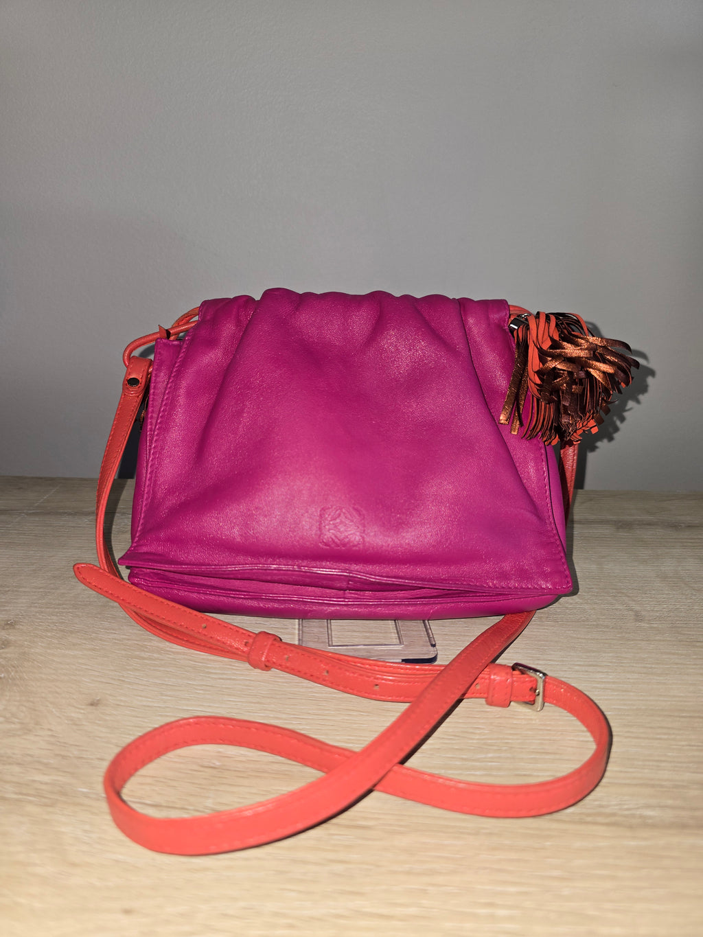 Loewe Flamenco Shoulder Bag — Bright Pink with Red Shoulder Strap