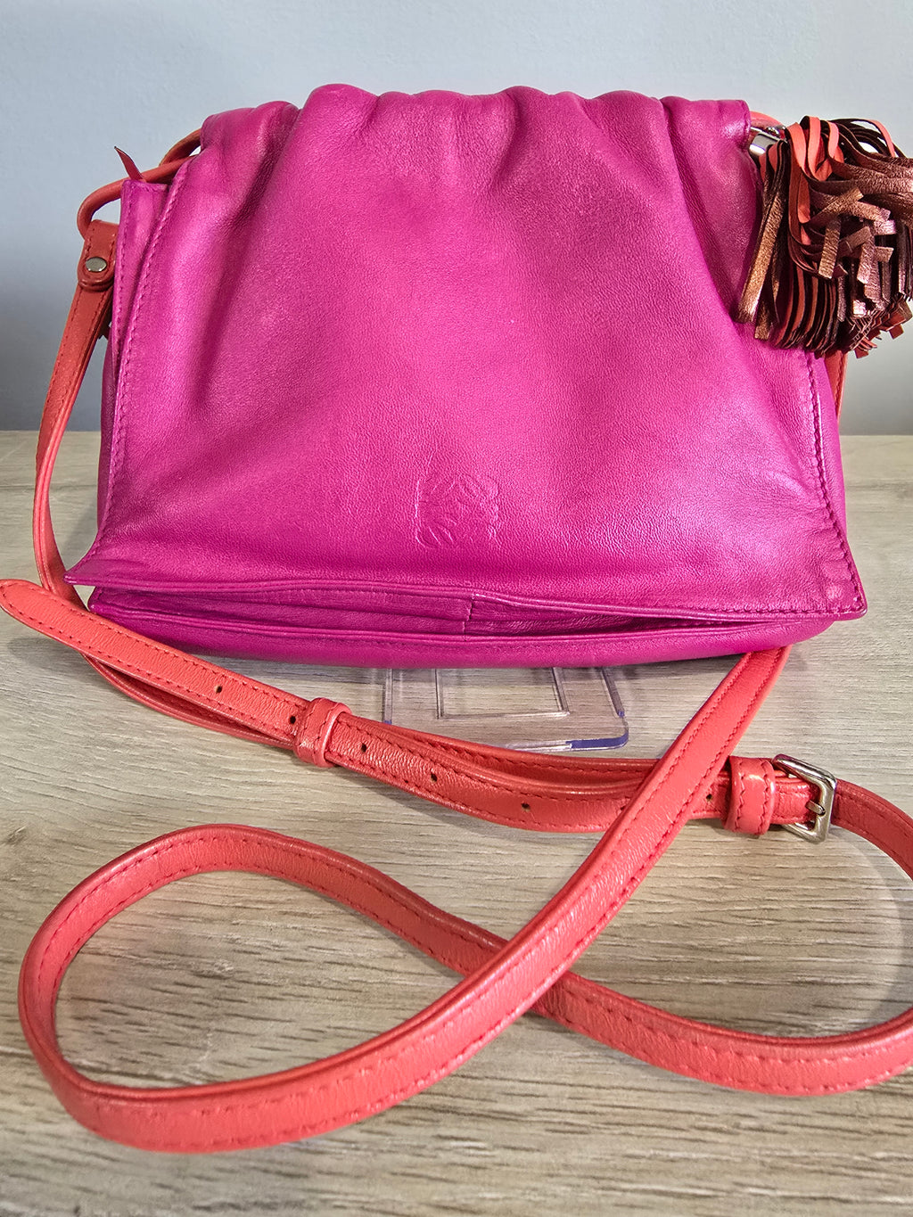 Loewe Flamenco Shoulder Bag — Bright Pink with Red Shoulder Strap
