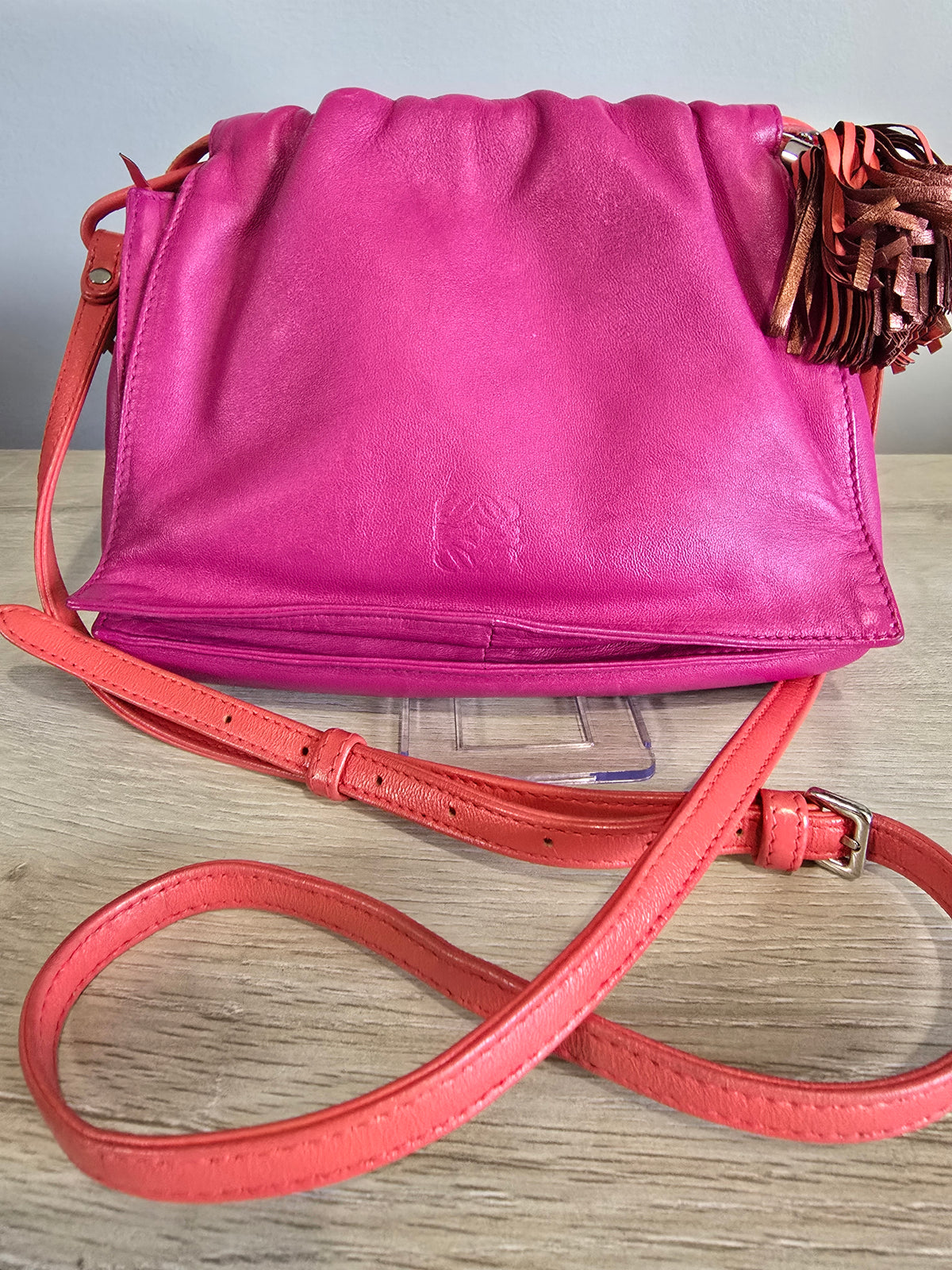Loewe Flamenco Shoulder Bag — Bright Pink with Red Shoulder Strap