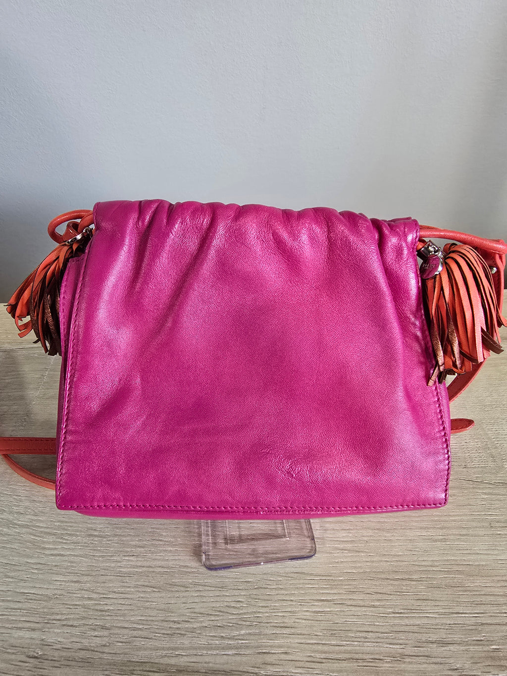 Loewe Flamenco Shoulder Bag — Bright Pink with Red Shoulder Strap